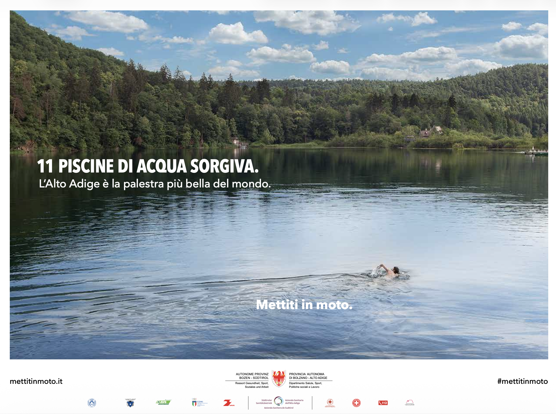 Swimmer in natural lake surrounded by South Tyrol forest, public health campaign for Provincia di Bolzano by story agency STORO