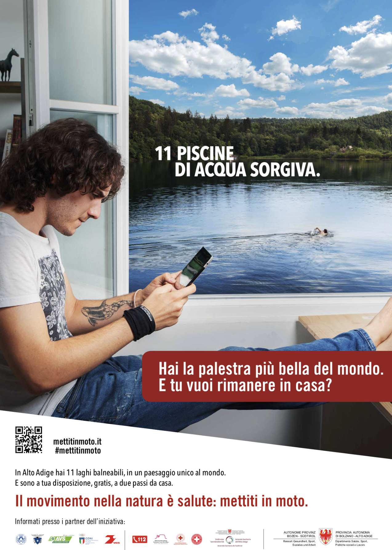Young man on phone indoors contrasted with South Tyrol lake, public health behaviour change campaign for Provincia di Bolzano by STORO