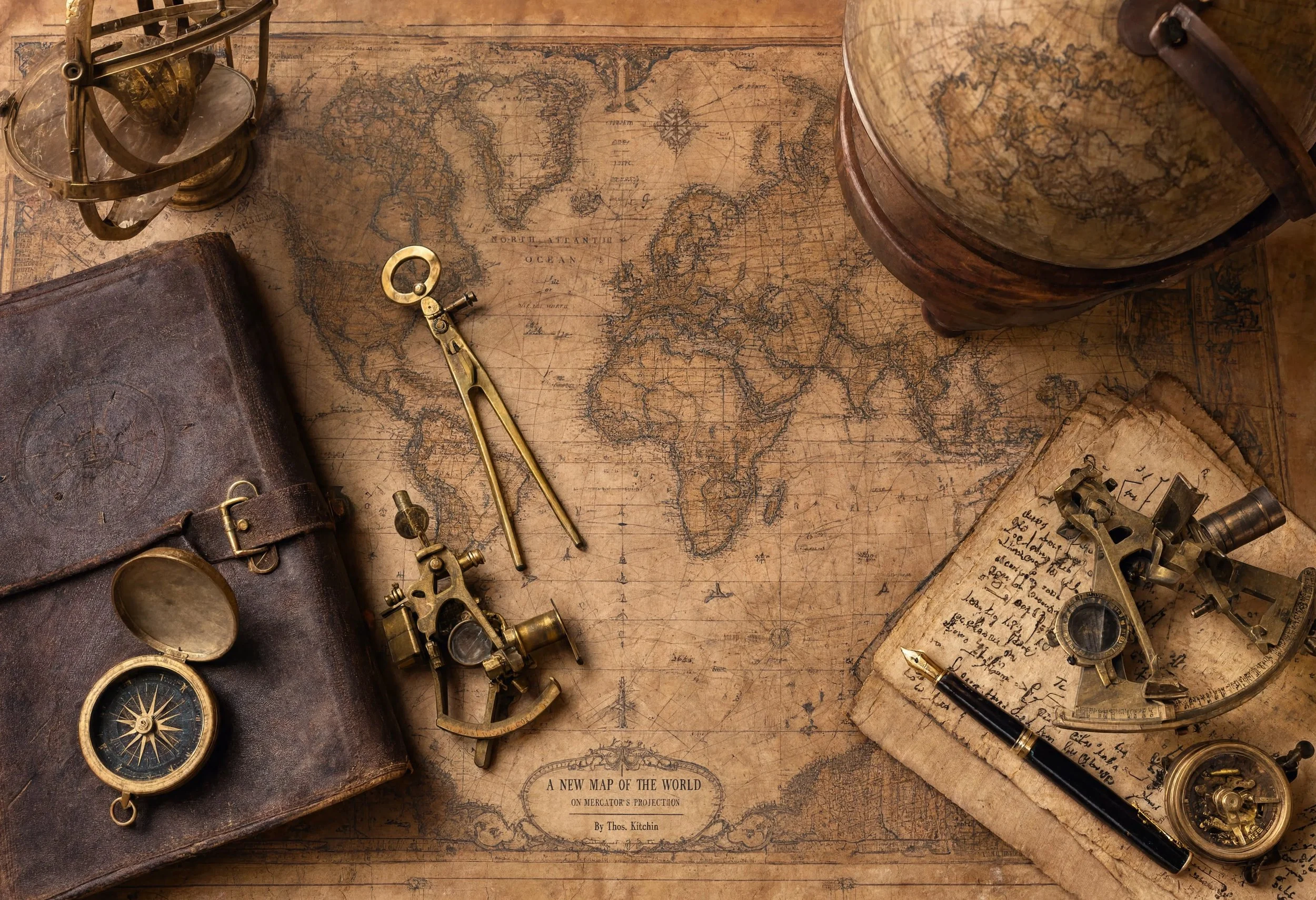 An antique world map surrounded by vintage navigational instruments, a leather-bound journal, handwritten notes, a pen, a globe, and brass compasses on a wooden surface.