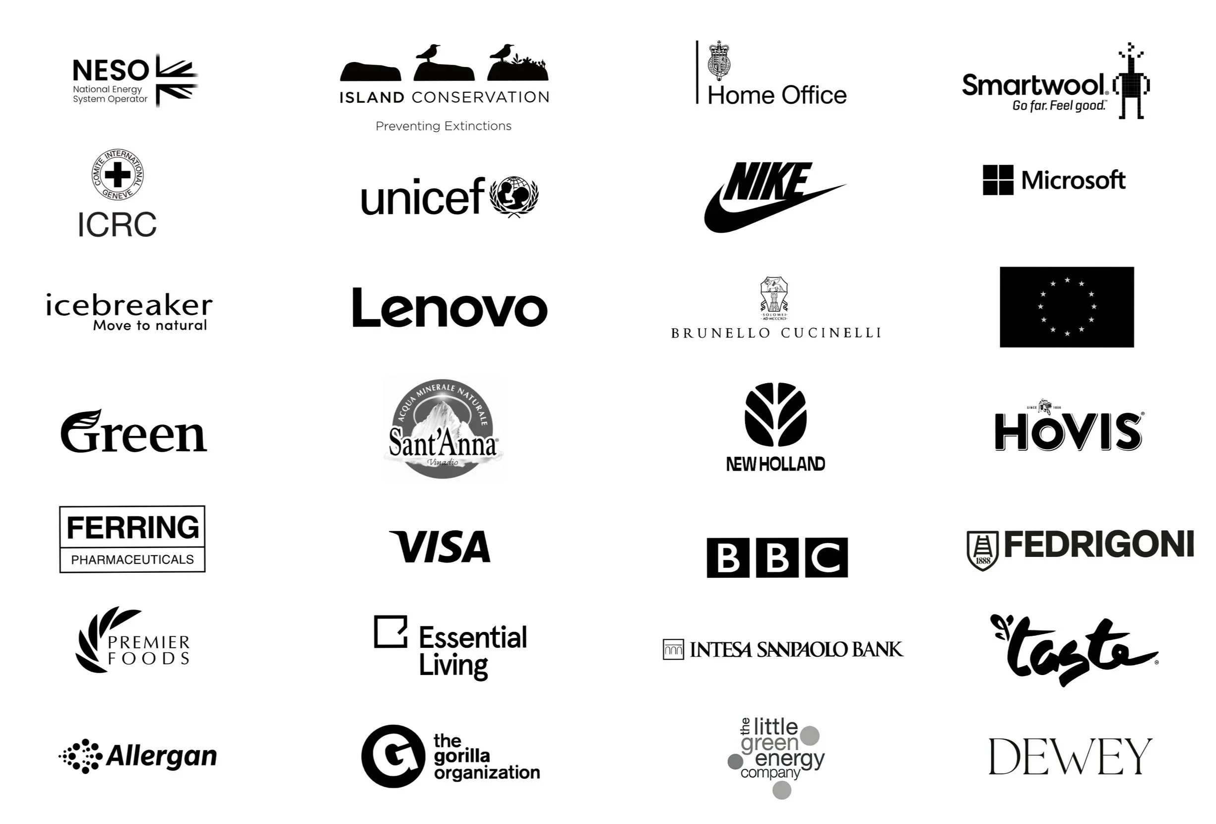 Collection of various company and organizational logos in black and white, including NESO, Island Conservation, Home Office, Smartwool, ICRC, UNICEF, Nike, Microsoft, icebreaker, Lenovo, Brunello Cucinelli, European Union, Green, Sant'Anna, New Holland, Hovis, Ferring Pharmaceuticals, Visa, BBC, Fedrigoni, Premier Foods, Essential Living, Intesa Sanpaolo Bank, Casto, Allergan, The Gorilla Organization, The Little Green Energy Company, Dewey.