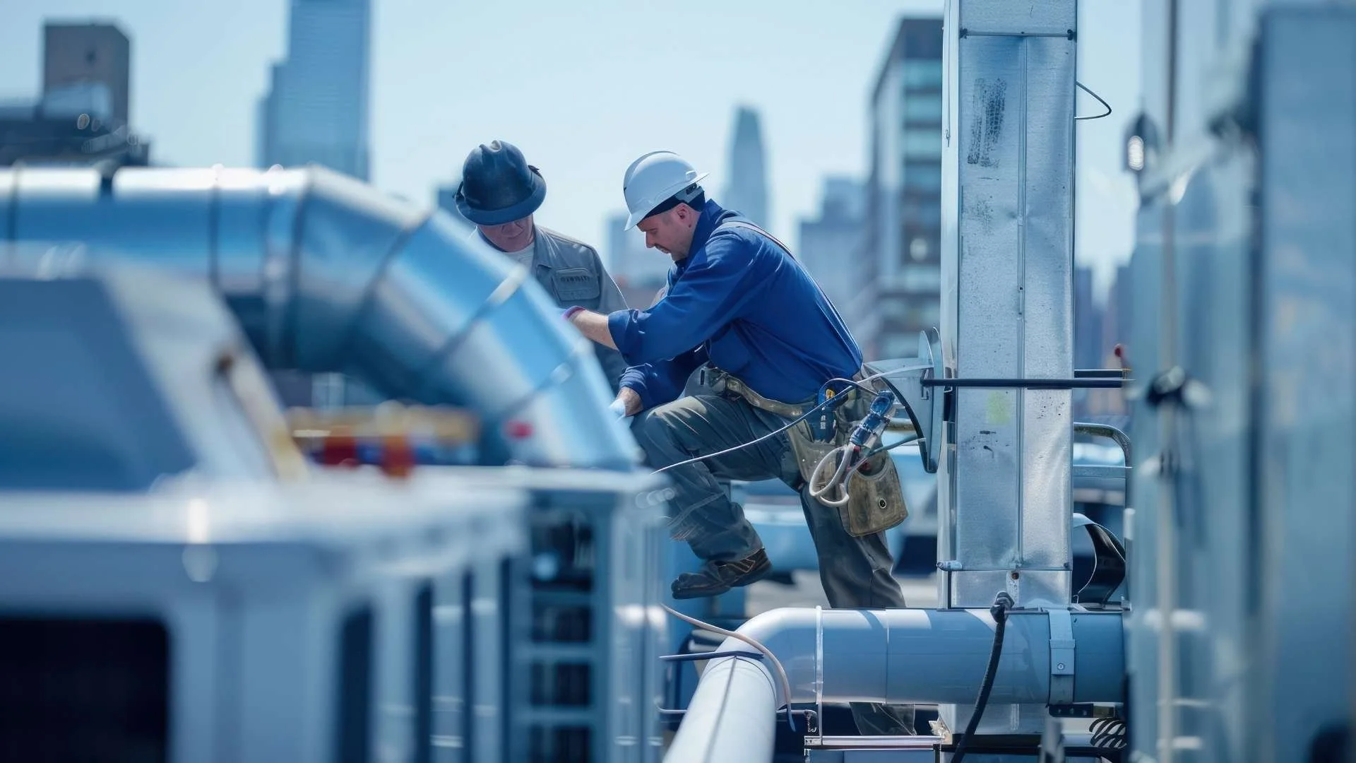 Technicians performing routine maintenance near insulated mechanical equipment on a commercial rooftop system