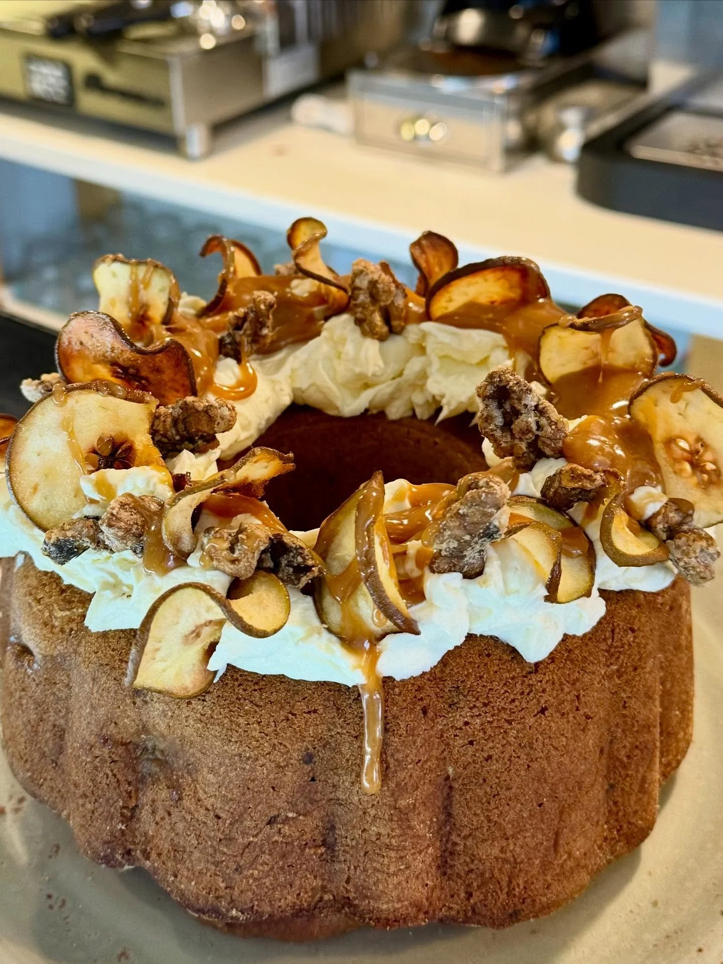 Wednesday Wonder🤗 Into Autumn 🍂 inspiration Pear &amp; Walnut Cake with cream cheese &amp; caramel topping&hellip;. 😋delicious combination with a coffee on the side 😉🥰🤣 #boweandco  #boroughbridge .
.
.
#cake #homemade #bakefeed #baking #food #i