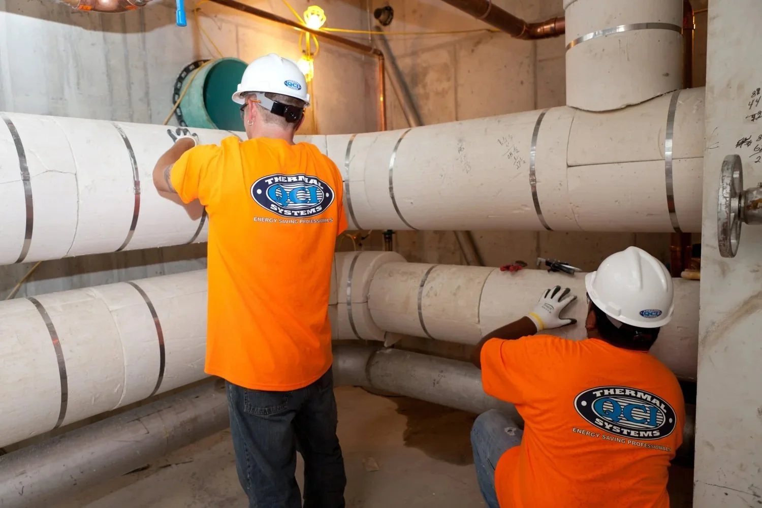 QCI Thermal Systems mechanical insulators installing commercial piping insulation to improve energy efficiency, temperature control, and mechanical system performance.