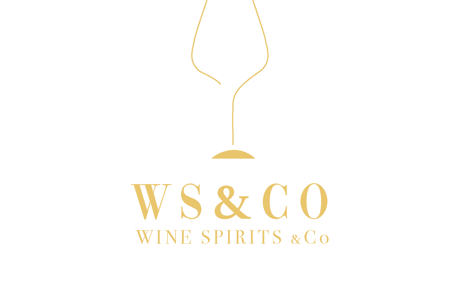 Logo de WS & Co Wine Spirits & Co, avec un verre à vin stylisé en or au-dessus du texte, texte en or : "WS & CO" et en dessous "Wine Spirits & Co".