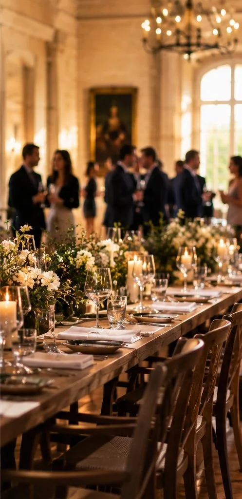 Table élégante décorée pour un événement avec bougies, fleurs et assiettes dans une salle ornée d'un chandelier et d'une grande fenêtre, avec des personnes discutant en arrière-plan.