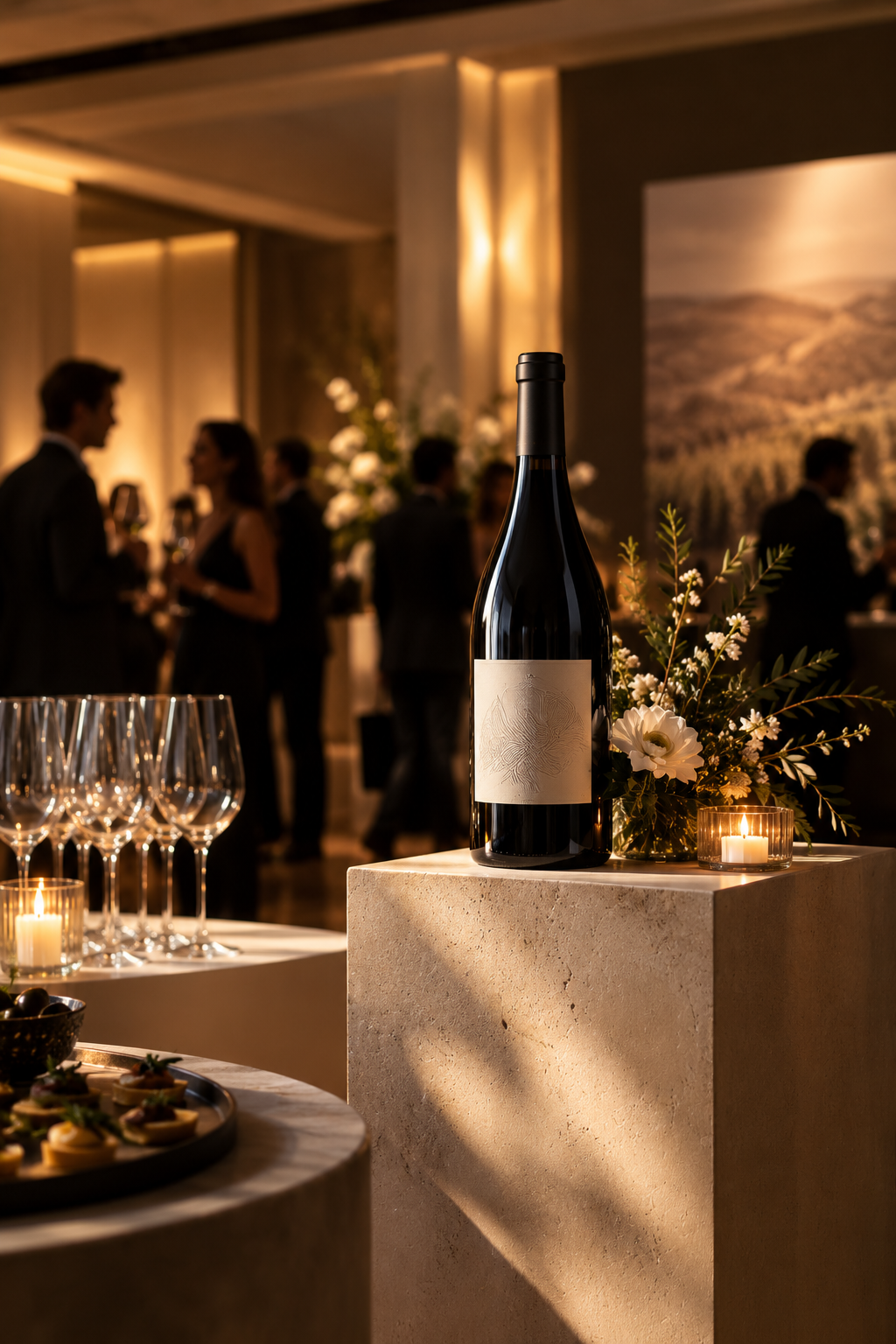 Une bouteille de vin sur une table de réception élégante avec un bouquet de fleurs et des bougies, dans un cadre somptueux où des personnes en tenue de soirée discutent lors d'un événement.