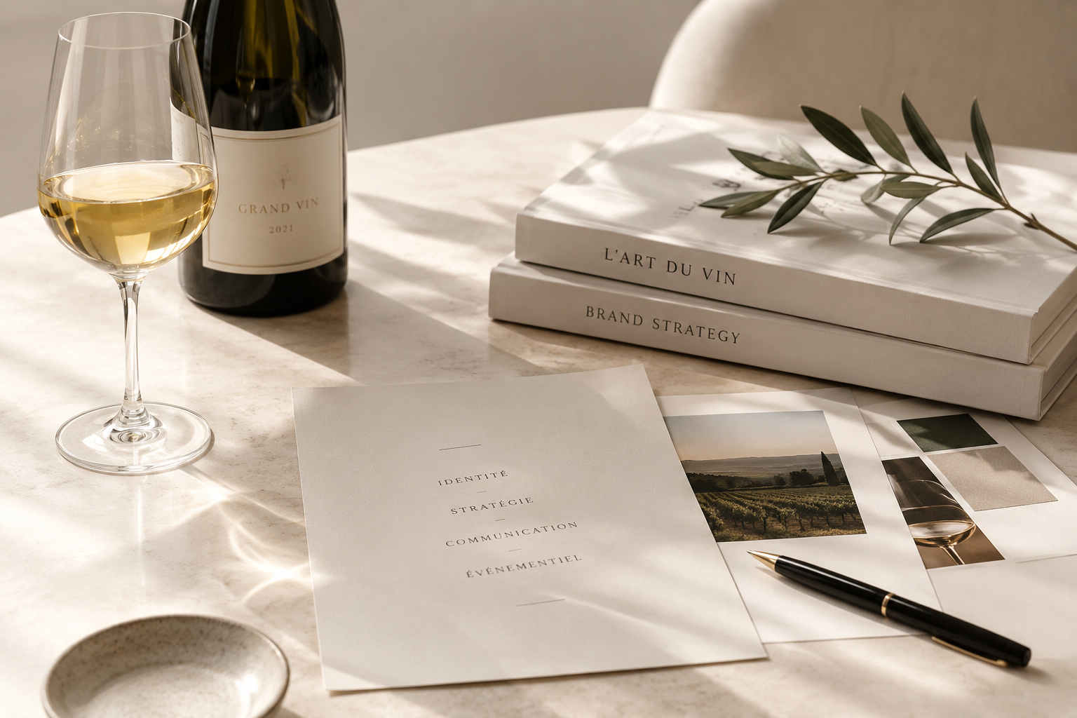 Une table avec une bouteille de vin, un verre de vin blanc, deux livres intitulés 'L'Art du Vin' et 'Brand Strategy', un stylo noir, des brochures avec des images de paysages viticoles et un pinceau à l'intérieur.