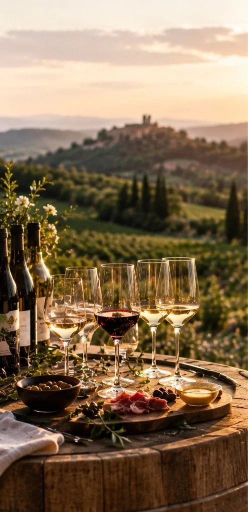 Une table en bois avec des verres de vin blanc, rouge et rosé, accompagnée de plats comme charcuterie, olives, et sauces, avec un paysage de vignes et un château en arrière-plan au coucher du soleil.