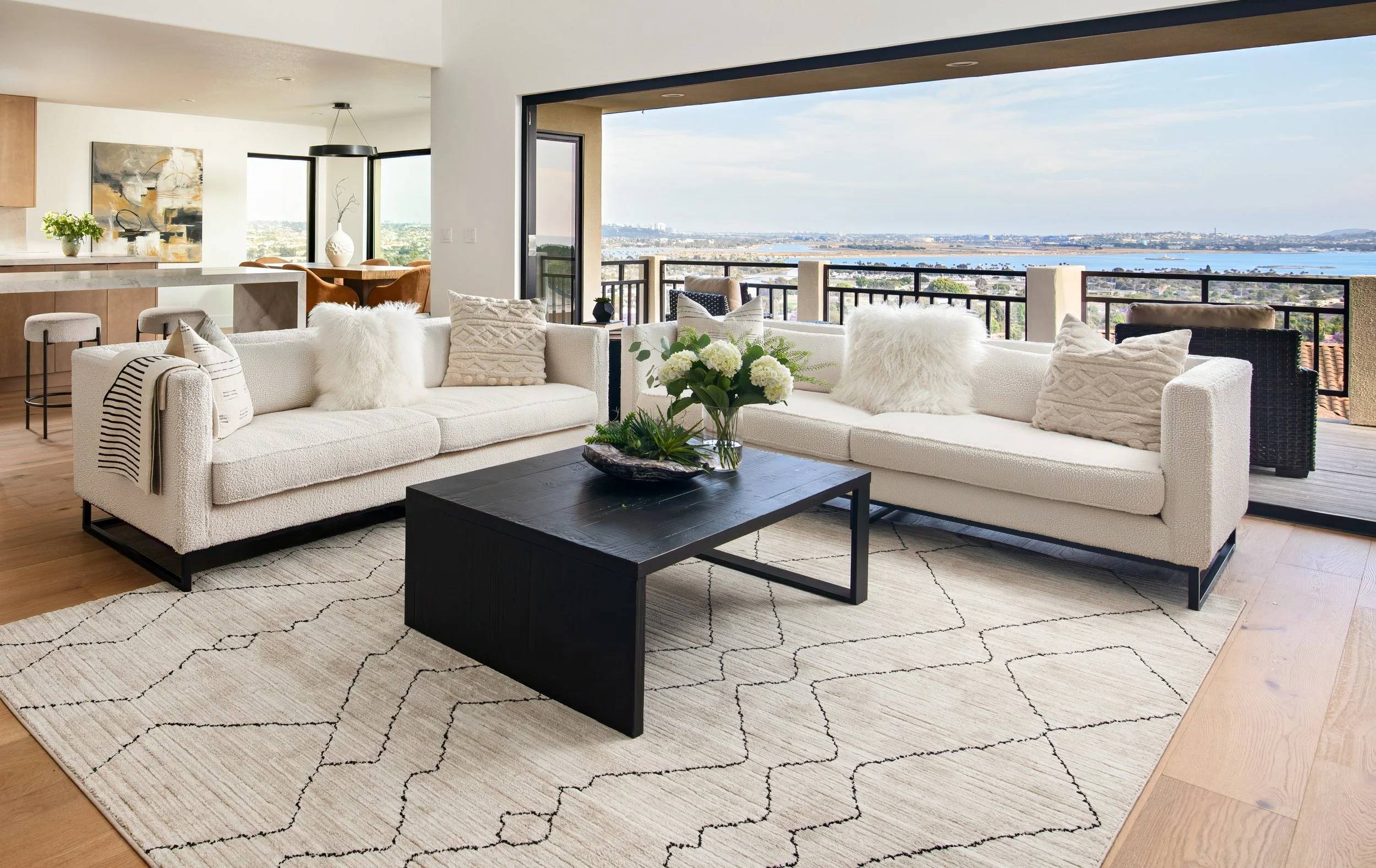 Living Room furniture, accessories, and decor. Point Loma staged home