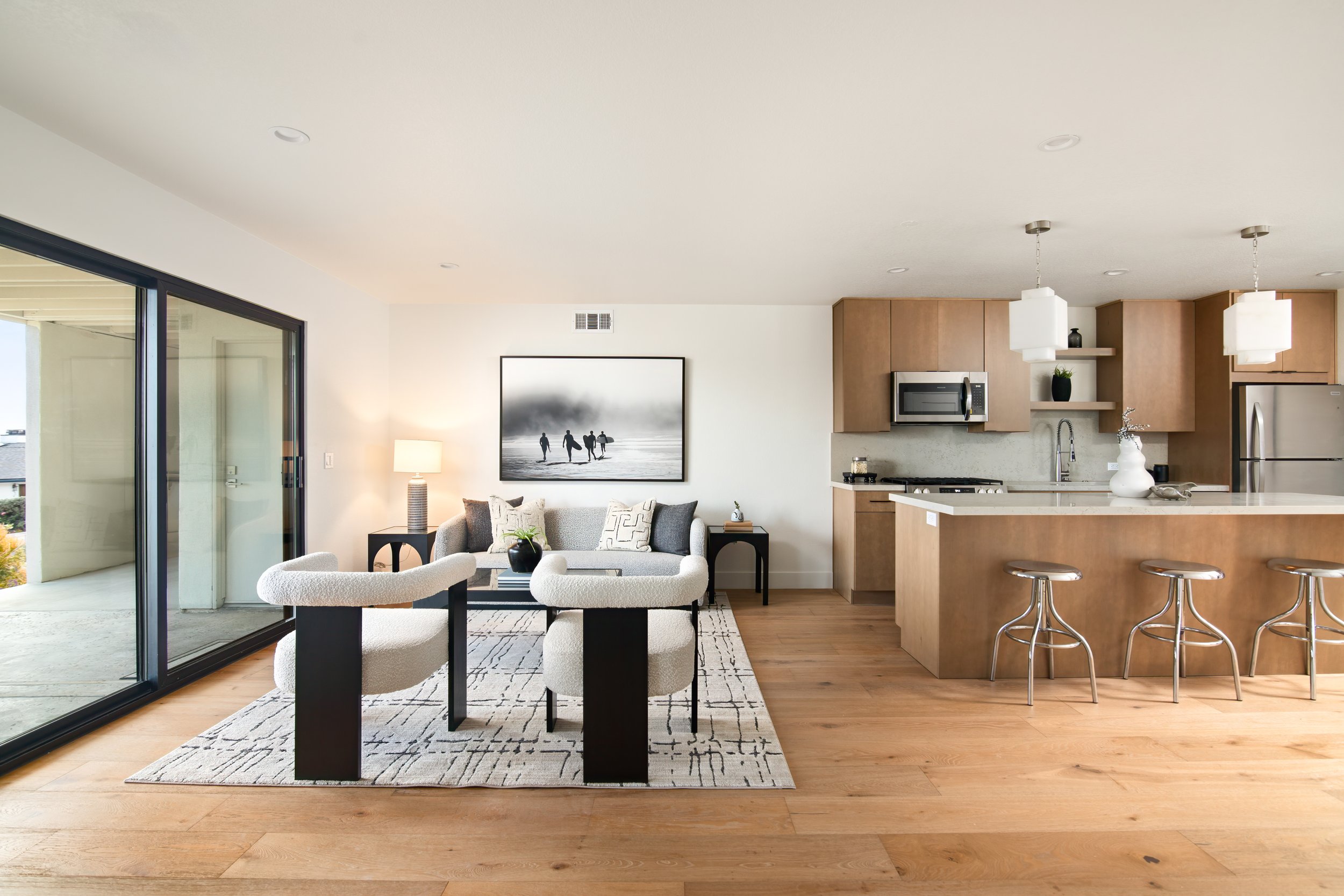 Contemporary family room furniture, art and accessories. Point Loma home