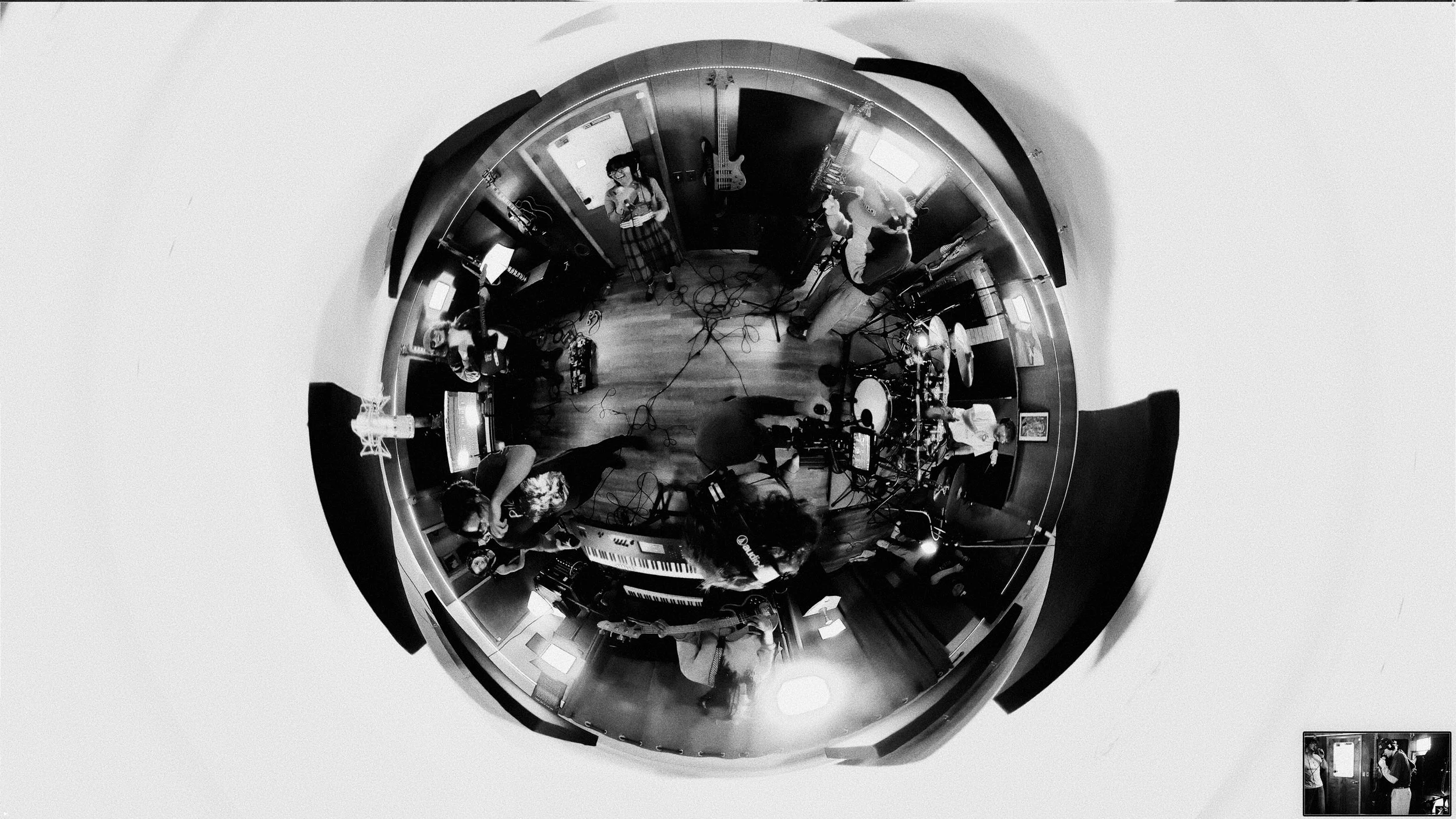 Panoramic view of live band rehearsal and camera setup inside the A Space ODC soundstage