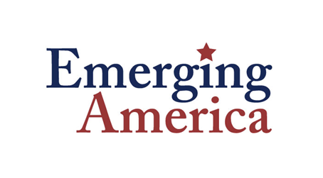 Emerging America logo - navy and red text over white background.