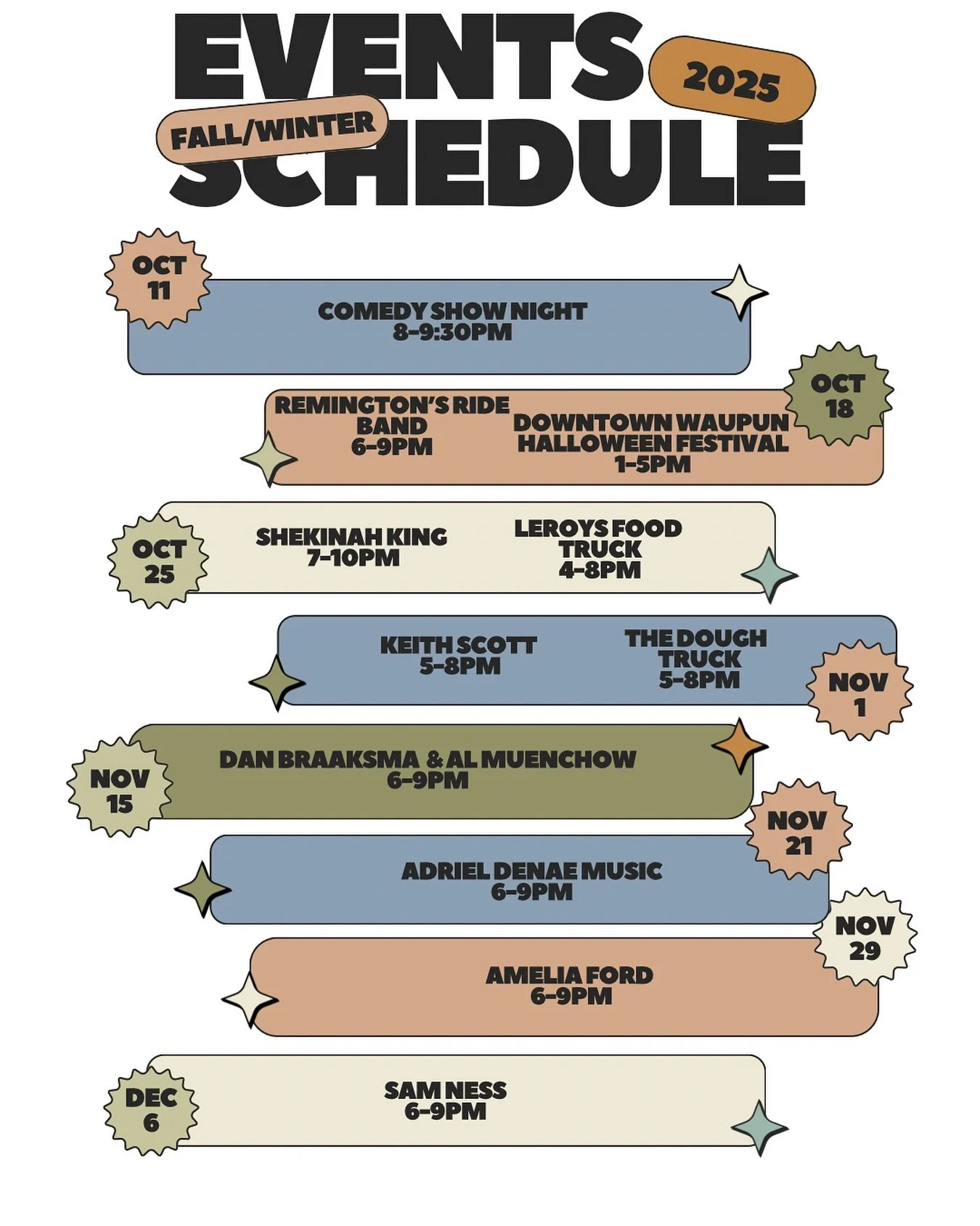 Here&rsquo;s an updated look at our Fall &amp; Winter Schedule 🍂 ❄️ We&rsquo;ve added a few more amazing singers and an awesome food truck &ndash; and who knows, we might add even more, so keep and eye out 👀

Make sure to come out and show these ta