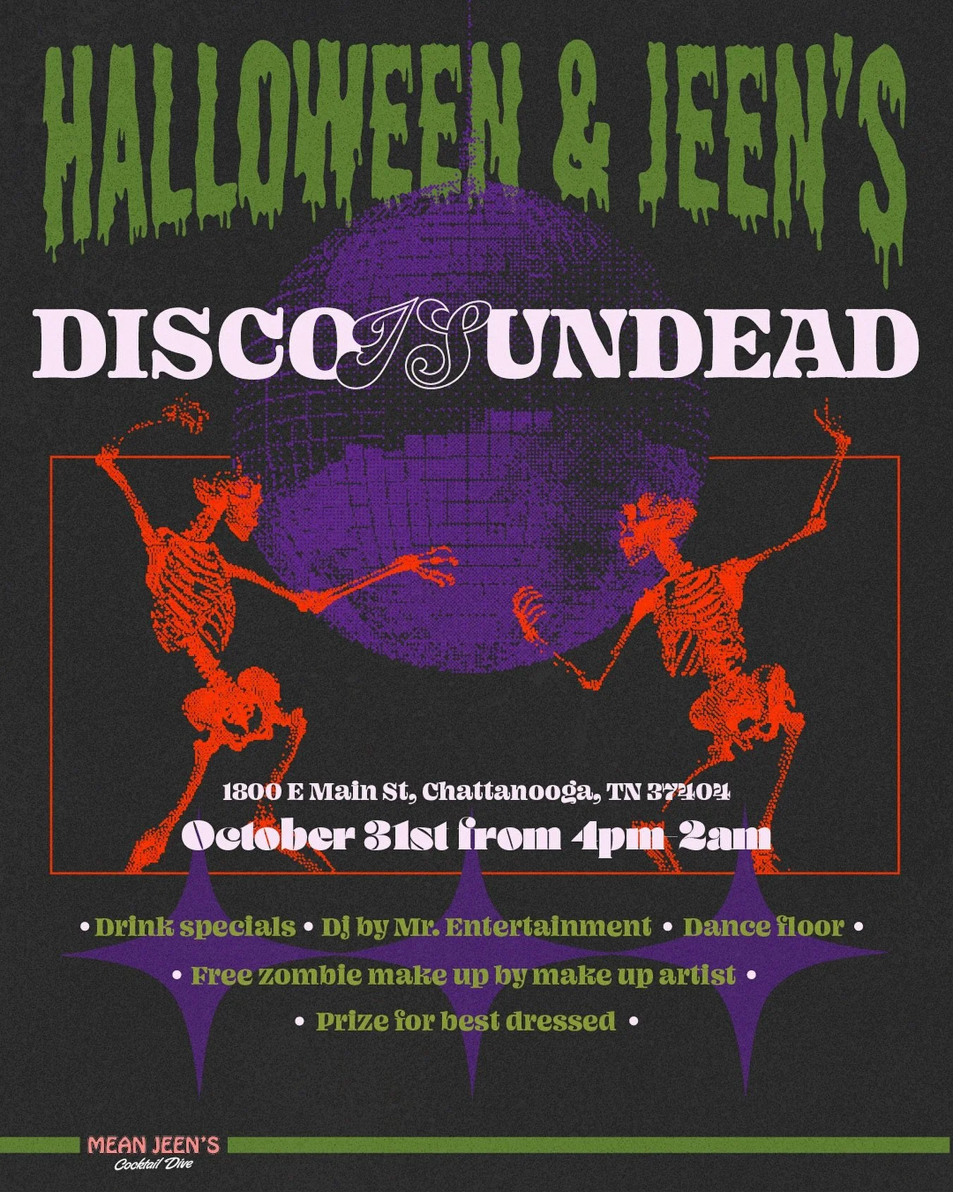 đĒŠđ Halloween & Jeens: Disco Is Undead đđĒŠ
This Halloween night — October 31st from 4PM–2AM — the disco ball rises from the grave. đâ¨
Come dressed to impress (or scare đģ) — we’re giving out a prize for Best Dress