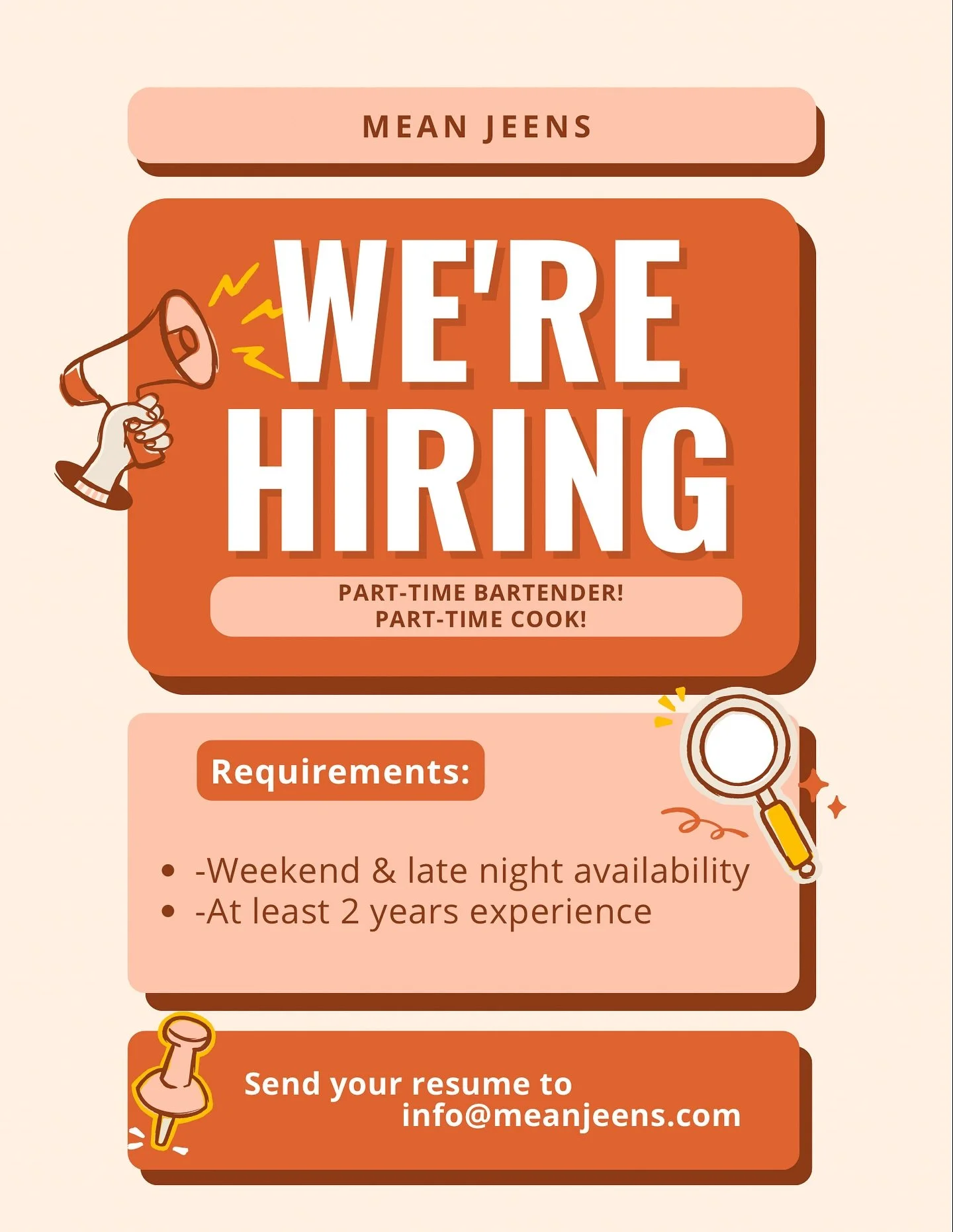 We’re hiring! đŗđš
Mean Jeens is looking for part-time bartenders and part-time cooks to join the crew. If you’ve got great energy and love a good vibe, we’d love to have you.
đŠ Email your resume to info@meanjeens.com to apply!
#
