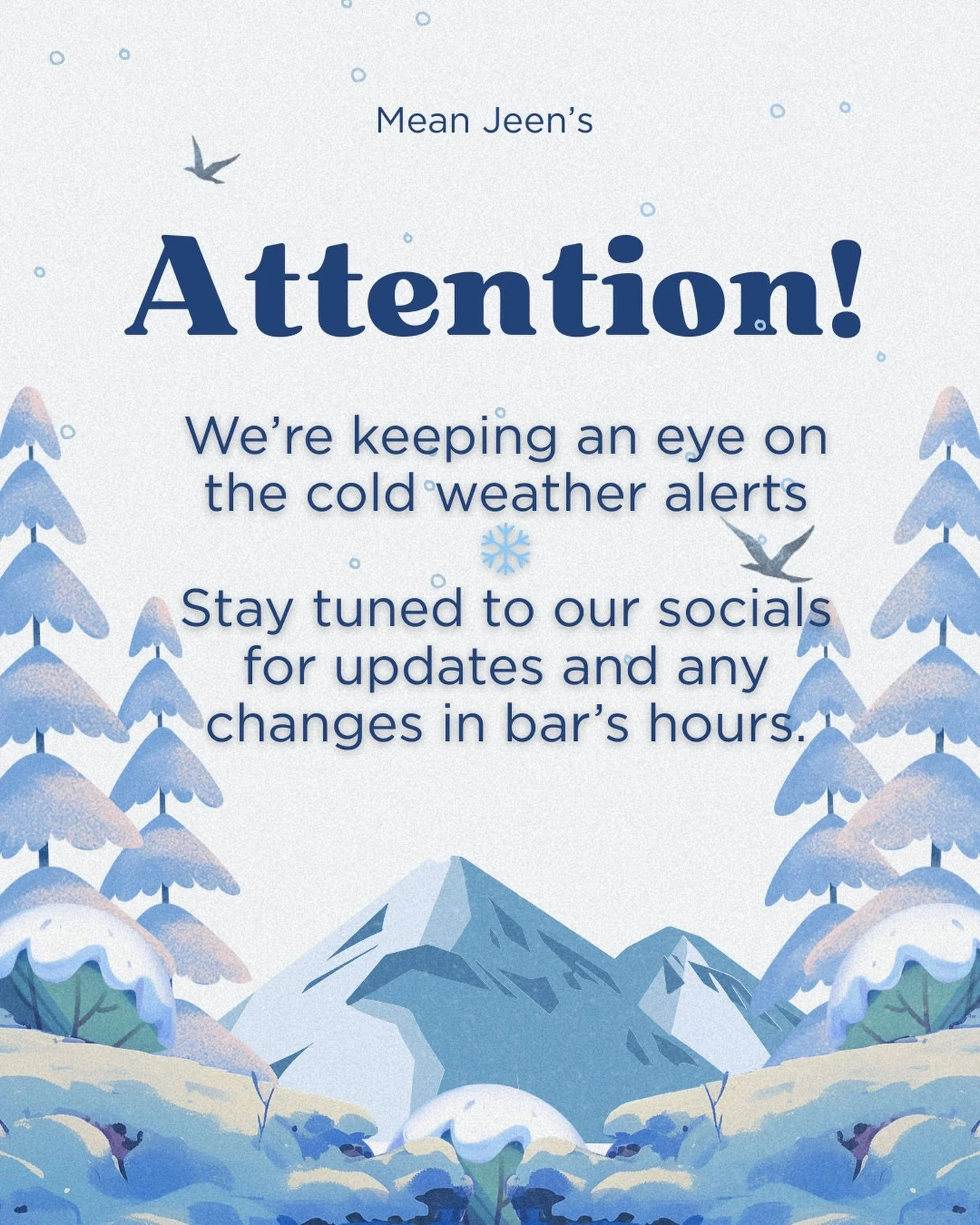 Cold weather is rolling in ❄️
We&rsquo;re keeping an eye on conditions and will share any updates or changes in hours right here. Keep an eye on our socials and stay safe out there.