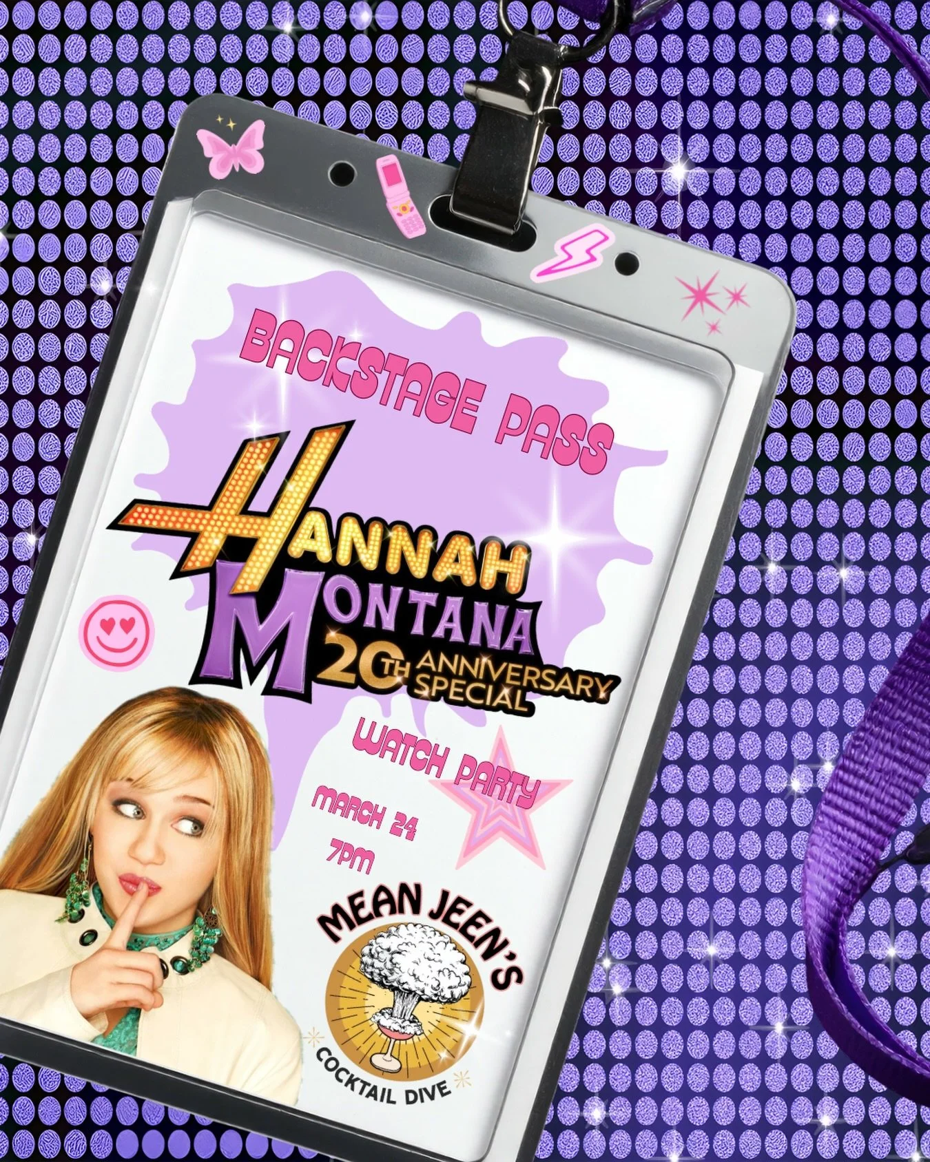 Join us at Mean Jeen&rsquo;s for a Hannah Montana 20th Anniversary Watch Party 🎤✨
We&rsquo;re starting at 7PM&mdash;bring all your friends, grab a drink, and relive the iconic moments. Tag/ Send thing to someone you&rsquo;re bringing tonight‼️

Brin