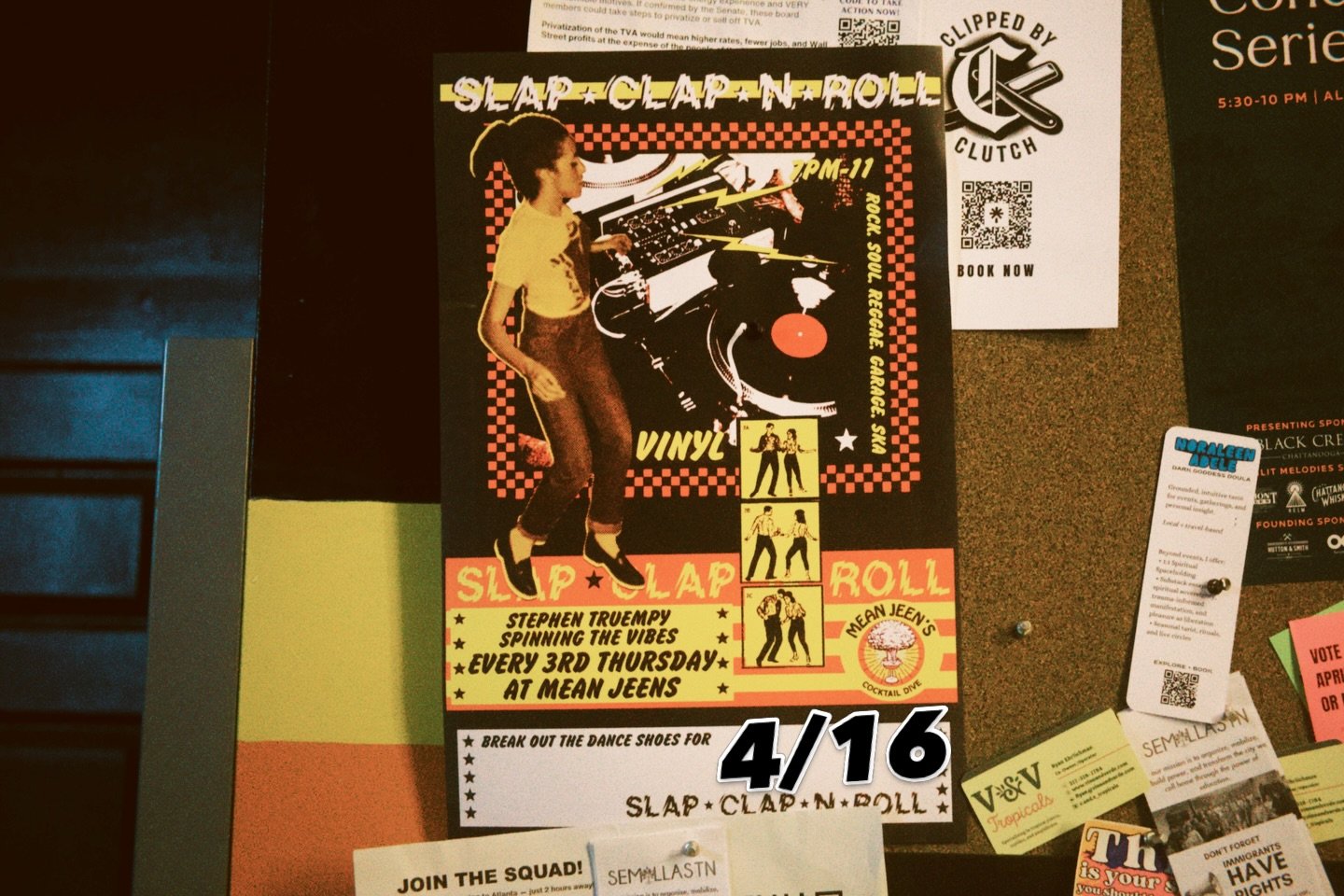 SLAP &bull; CLAP &bull; N ROLL &mdash; 4/16 🎶🍻
Featuring @stephen_truempy on the decks, spinning rock, reggae, garage, and everything in between. Vinyl all night, no skips.

Grab your crew and be here.
#MeanJeens #ChattanoogaBars #VinylNight #Chatt