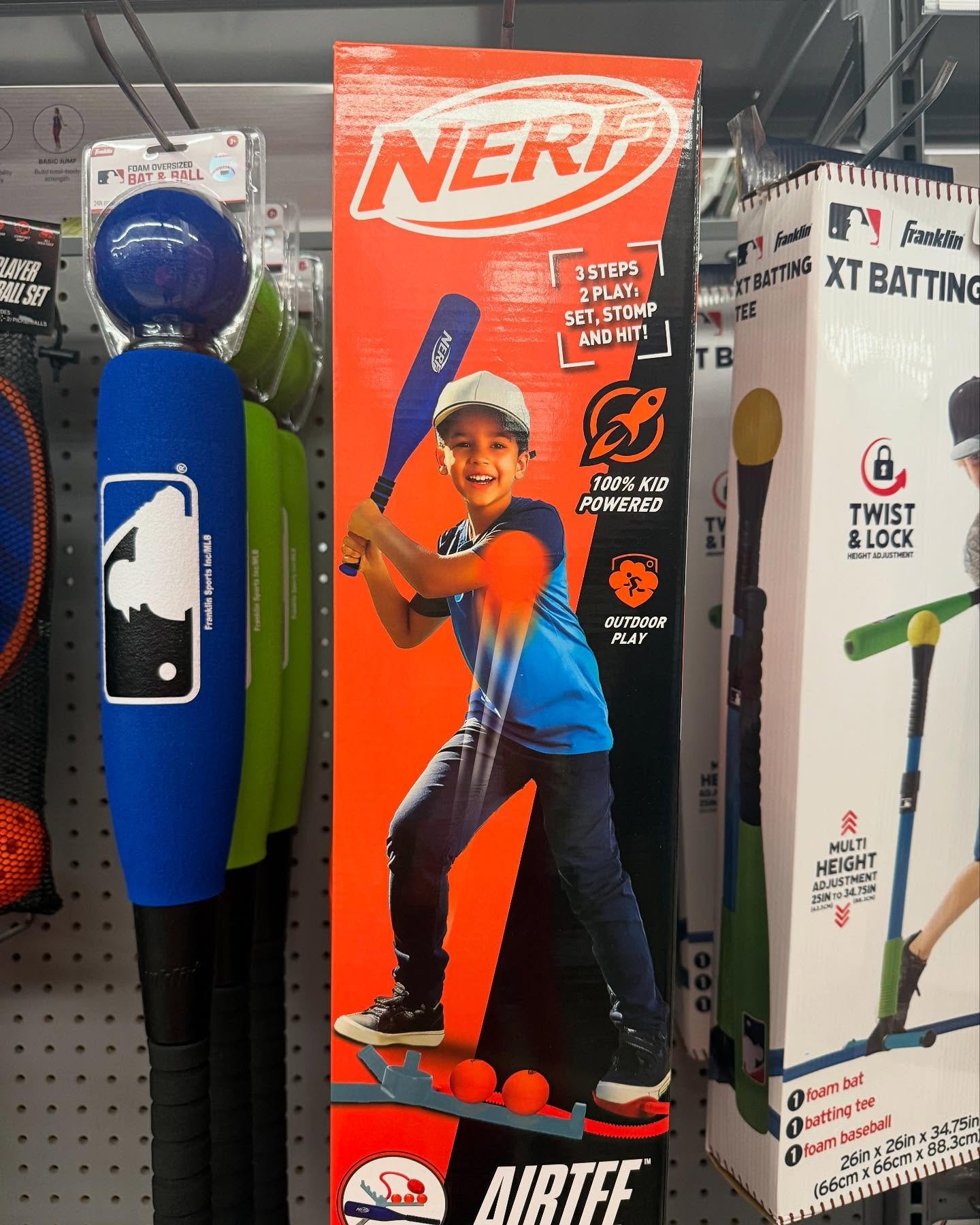 Just grabbed a @Nerf Airtee we designed that just hit stores. After testing with some kids they are obsessed with it. Allowing kids to step on the stomp pad to launch a ball to smash with a large bat!  Grab one @walmart