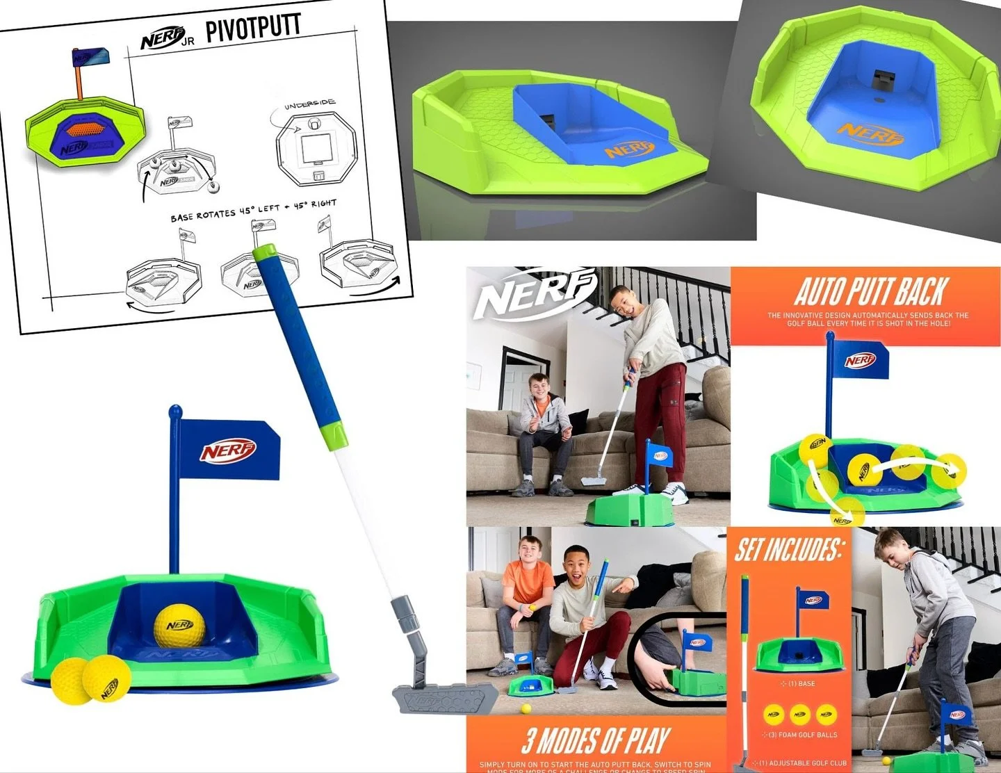 Excited to see another Nerf product we designed hit the market, the Nerf Pivot Putt! A new challenging putting device that pivots and rotates to challenge the player.
Our team Cardboard Helicopter Product Design had the pleasure of collaborating with