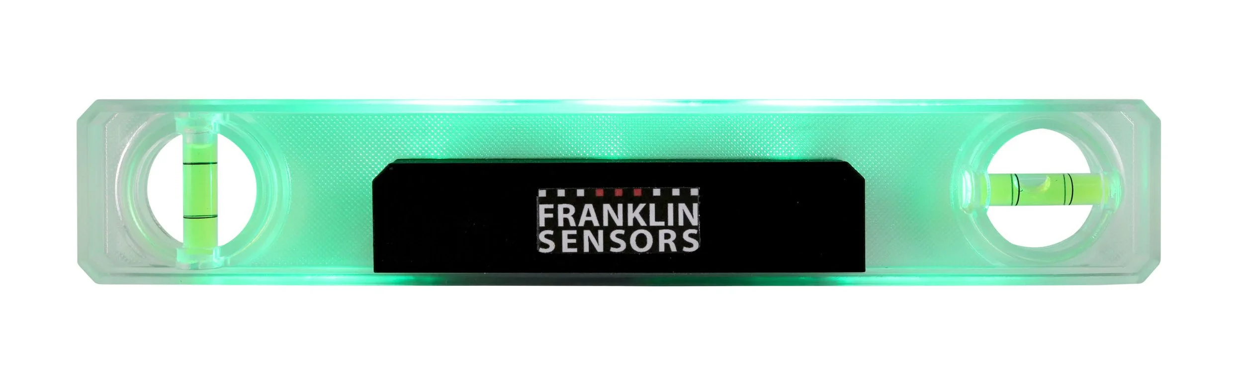 Laser level with a black logo labeled 'Franklin Sensors' illuminated in green.