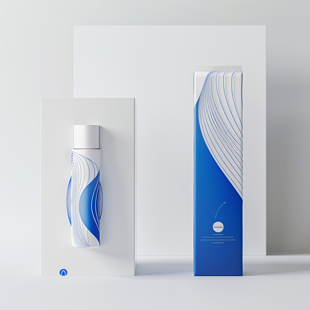 A white bottle with a blue and white abstract wave design on the packaging, placed against a white and blue box with matching design, on a white background.