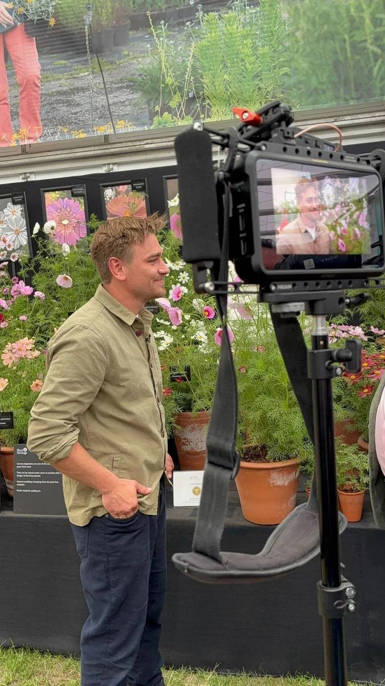 Jamie Butterworth filming for BBC coverage of the RHS Chelsea Flower Show