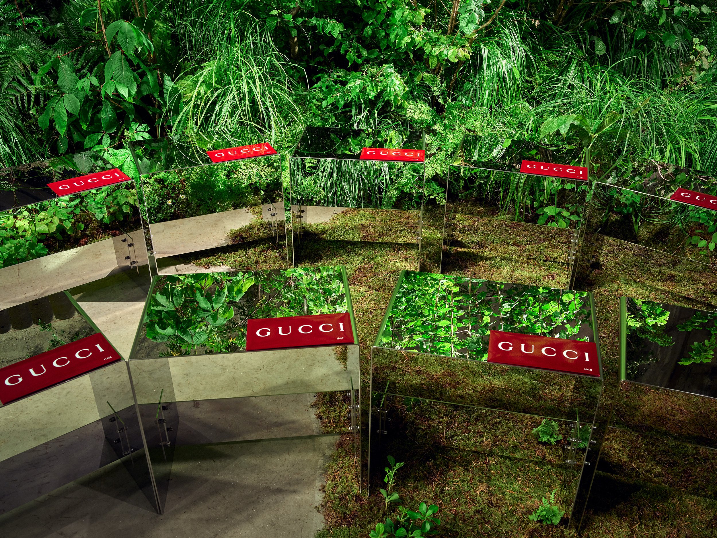 Gucci show seats set among dense green planting at Tate Modern