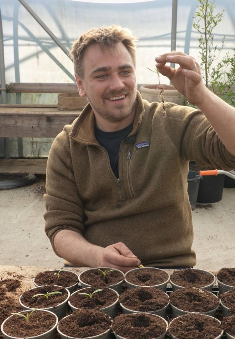 Jamie Butterworth with peat-free seedlings at Form Plants, his nursery in Surrey