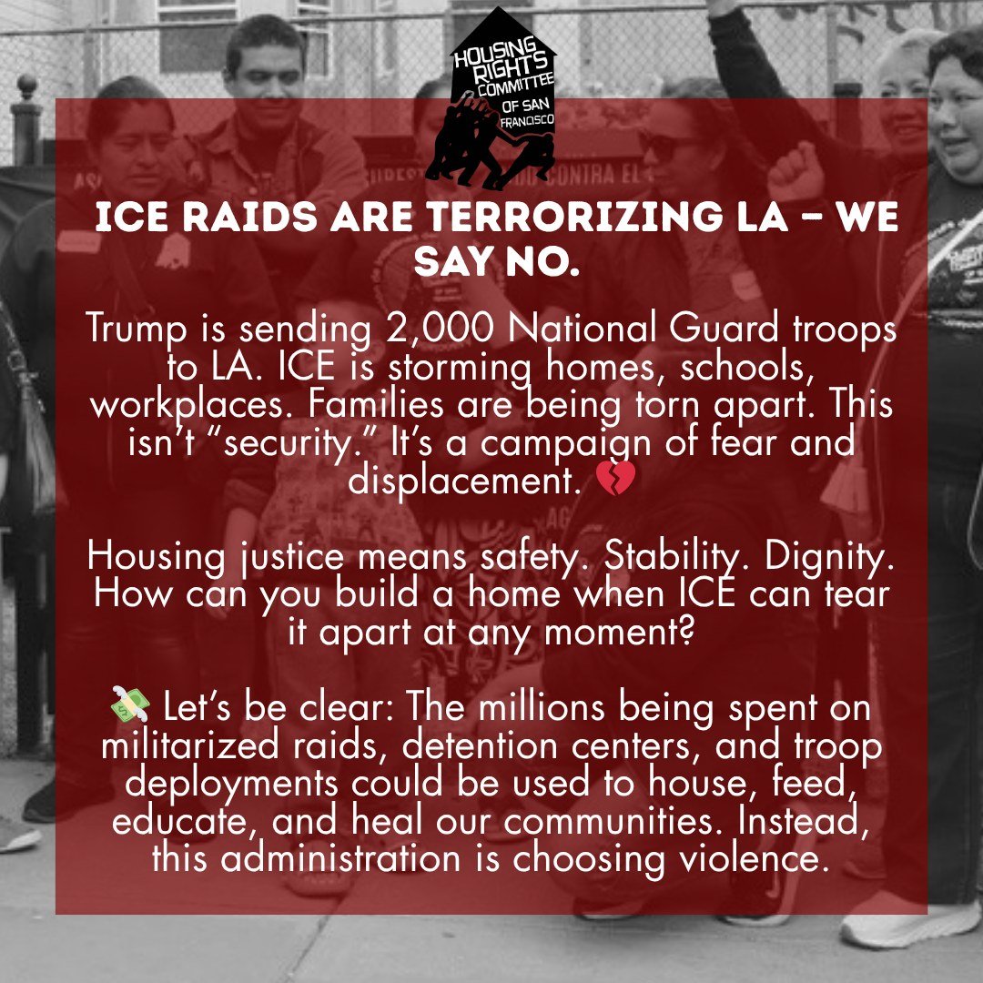 We stand with immigrant families and communities. We stand against raids in LA, in SF all over California and the entire country.

#HomesNotRaids  #AbolishICE  #CommunityOverCages #EndDeportations #FundCareNotCops