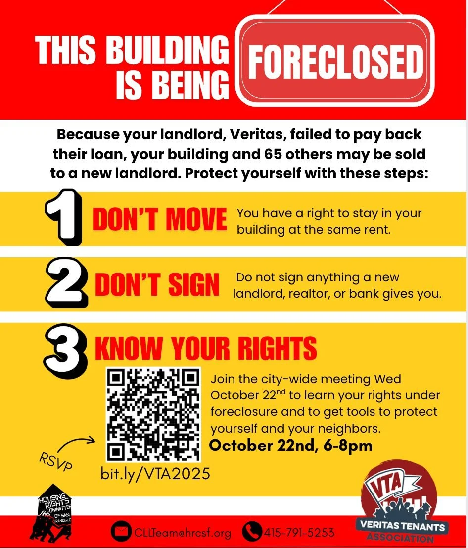 Join us WEDNESDAY EVENING at 1212 Market Street or on zoom for a citywide Veritas Tenant meeting about what you can do to protect yourself and your neighbors if your building is for sale!