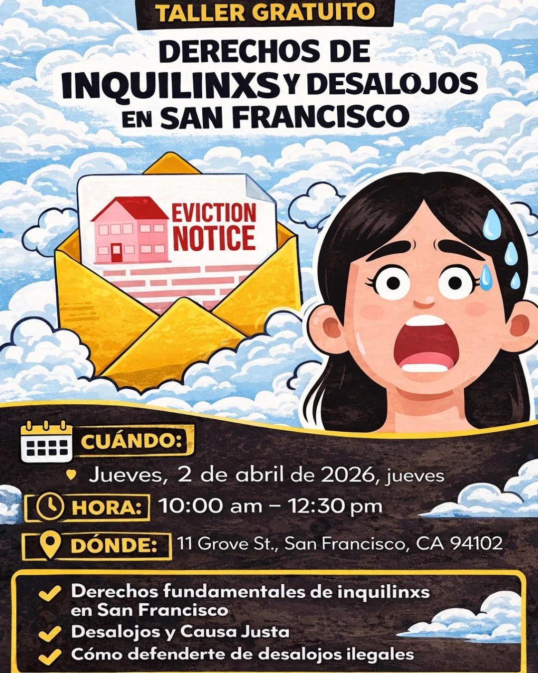 &Uacute;nete a nosotros para conocer los derechos de los inquilinos con comunidad. Llama 415-703-8644 con cualquier pregunta.