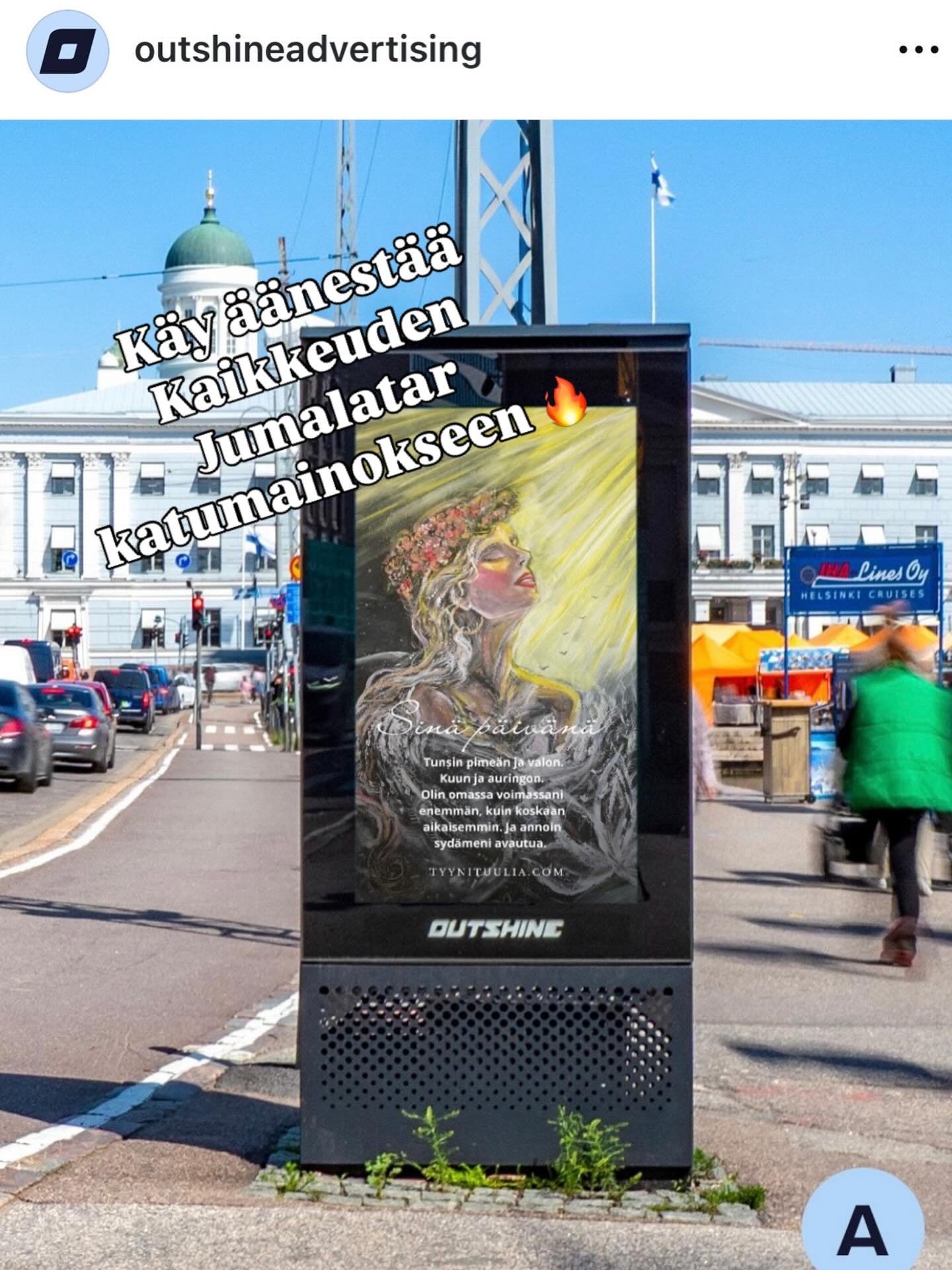 Hei ihanat 💛 Kaikkeuden Jumalatar- teos on p&auml;&auml;ssyt top3 Outshinen @outshineadvertising ulkomainontakilpailussa, jossa teoksella on mahdollisuus p&auml;&auml;st&auml; Helsingin katumainokseen. 😍🔥 Ompa huikeeta! 

K&auml;yk&auml;&auml;h&au