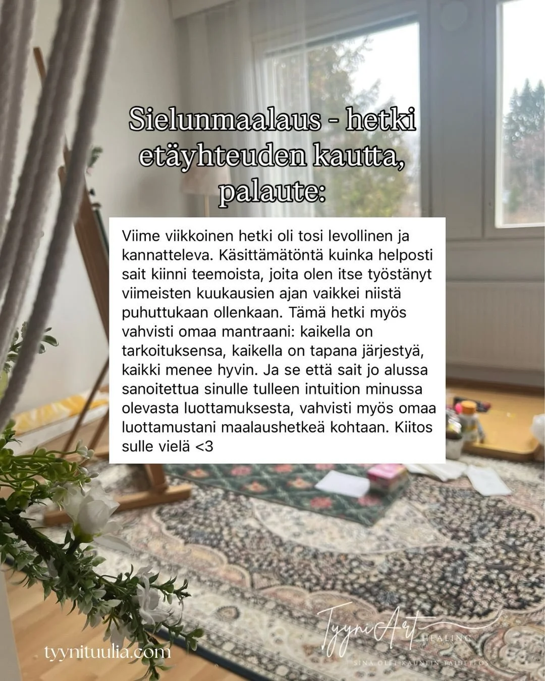 Sielunmaalaus ei ole pelkk&auml; taideteos. Se on my&ouml;s eheytt&auml;v&auml; l&auml;sn&auml;olon hetki, jossa saat tulla n&auml;hdyksi ja kuulluksi - juuri sellaisena kuin olet.

Sielunmaalauksen voi toteuttaa: 
✨Live el&auml;myksen&auml; paikan p