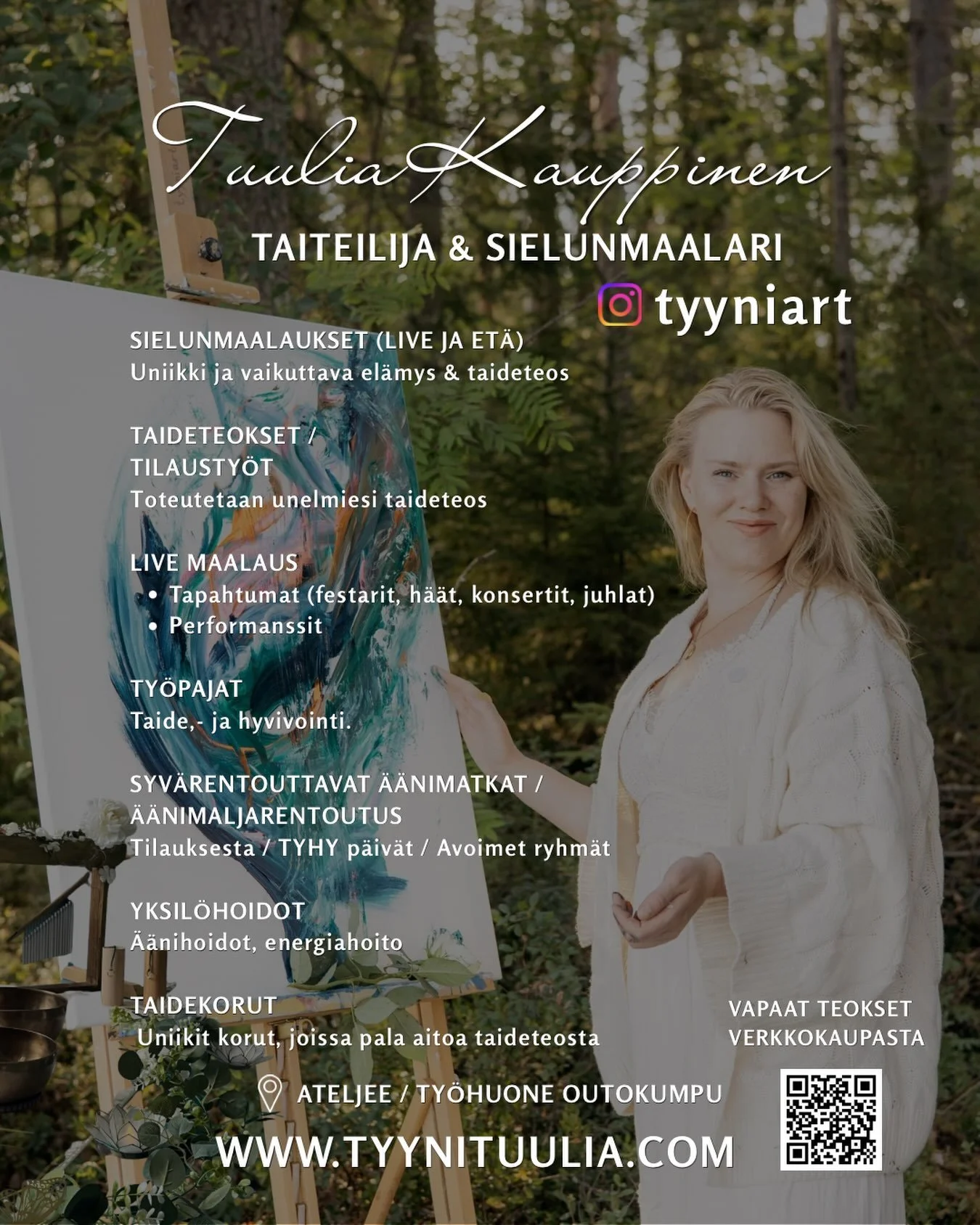 Heippa 🌿 

Kiitos, kun oot siin&auml; 💚

T&auml;st&auml; l&ouml;yd&auml;t tiivistettyn&auml; tiedot mun tarjoamista palveluista ✨

L&ouml;yd&auml;t tarkemmat kuvaukset ja lis&auml;tiedot, verkkokaupan, sek&auml; hinnaston ⬇️

tyynituulia.com

L&aum