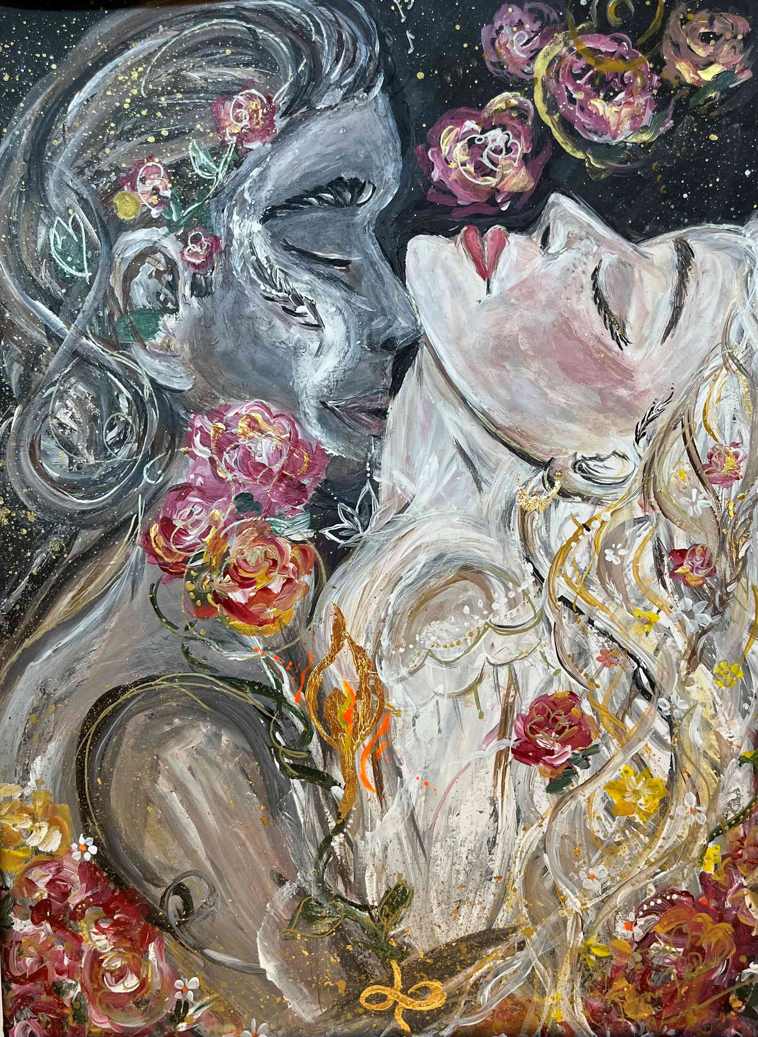 Maalaus esittää kaksi ihmistä lähekkäin, silmissä ja nenissä koskettavat toisiaan, ja ympärillään on kukkia ja kultaisia yksityiskohtia, yhdistäen surrealistisen ja romanttisen tyylin.