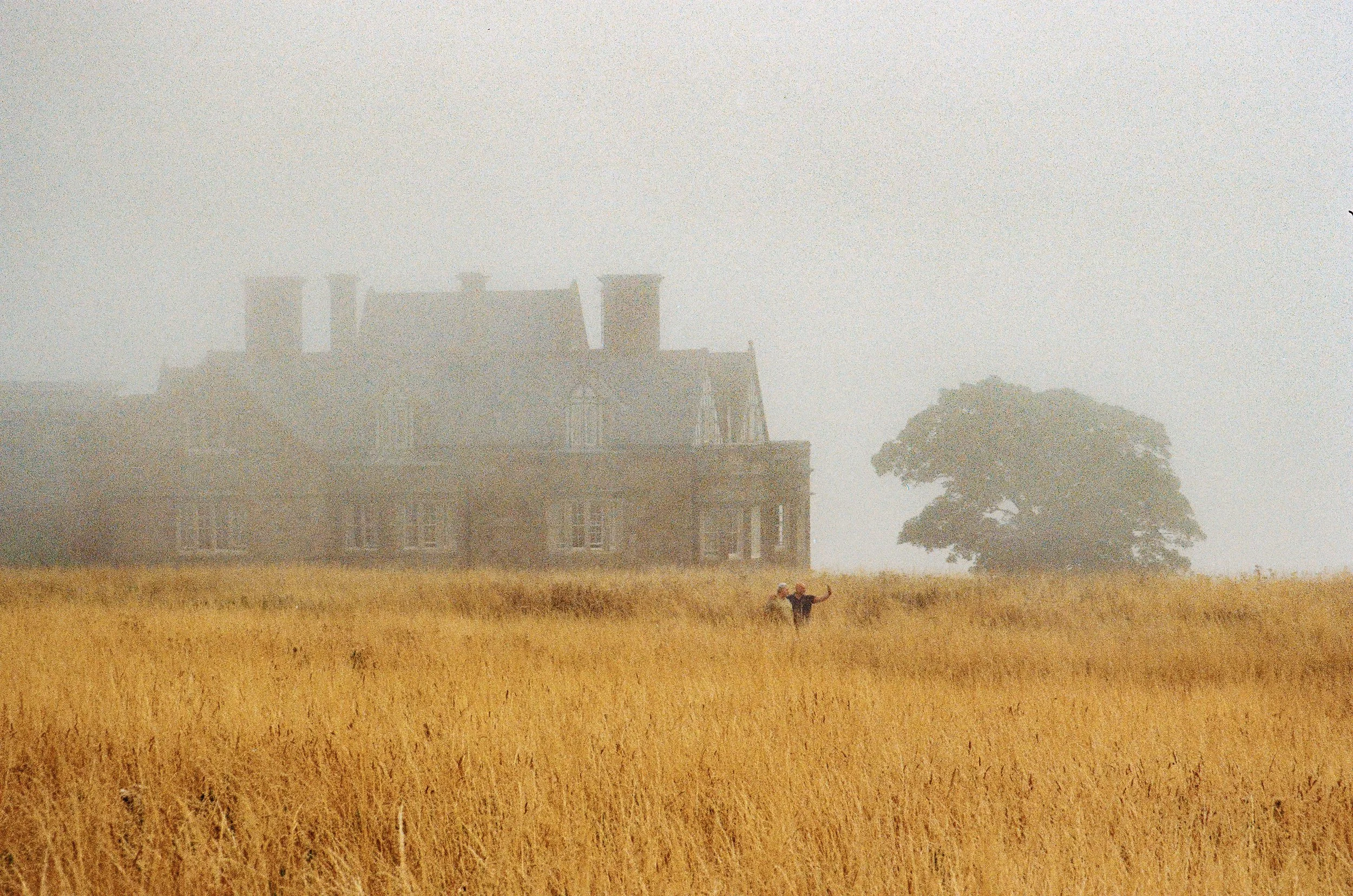 Misty field with a large old house and distant trees, featuring two people walking in tall grass.