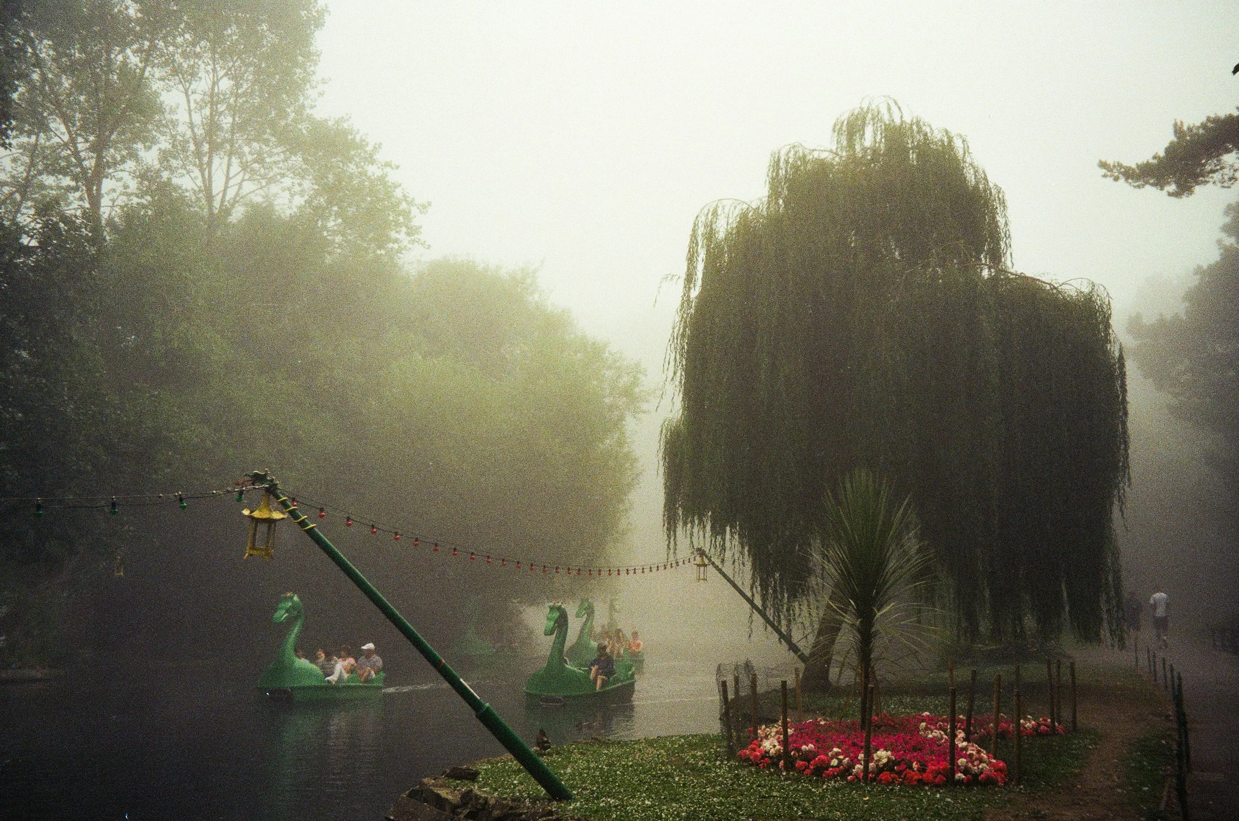Misty park scene with paddle boats shaped like dragons on a lake, surrounded by lush trees and a weeping willow. Flowers in bloom near the water, with string lights overhead and people enjoying the tranquil setting.