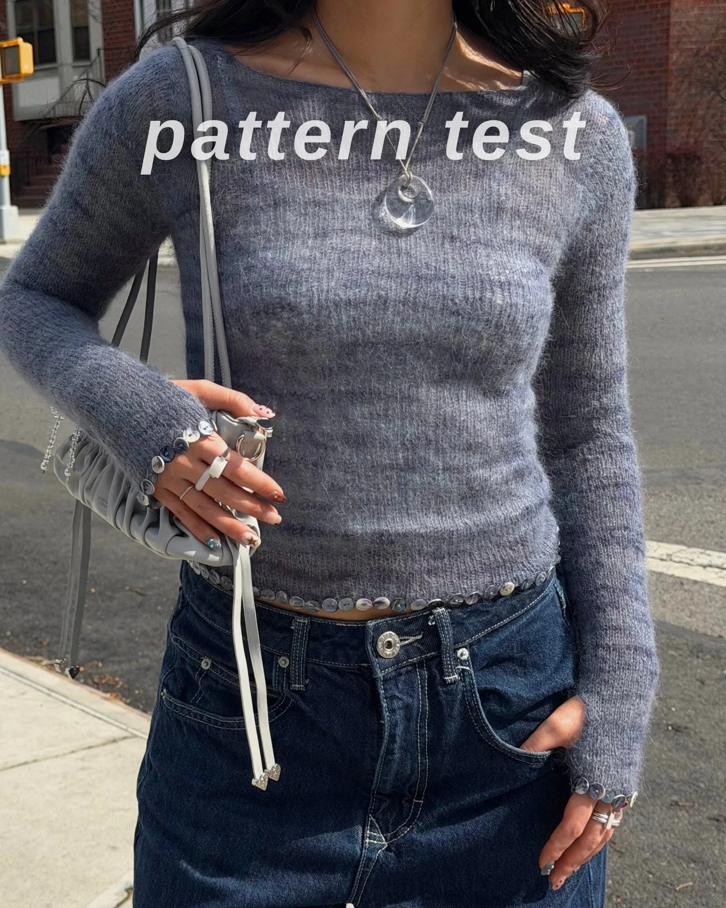 looking for testers for my knit sheer long sleeve! size graded from XS - 3XL with custom bust shaping, uses any lace weight yarn &amp; has a short sleeve option 🌀 link to apply in my bio~