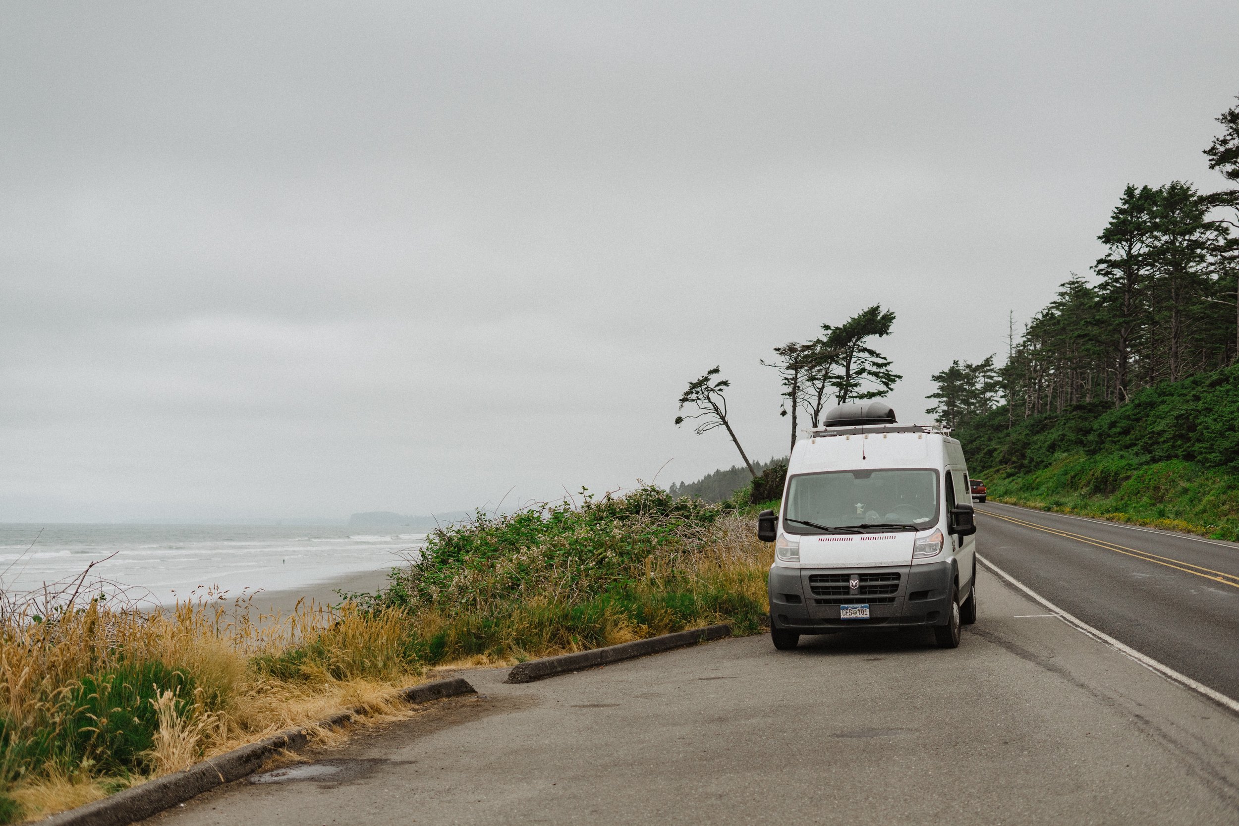 White van parked by coastal road with ocean and trees in background
