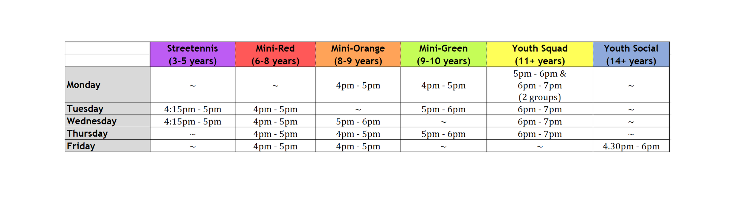 Weekly schedule chart with age-group activity categories color-coded, listing days and times for each activity.