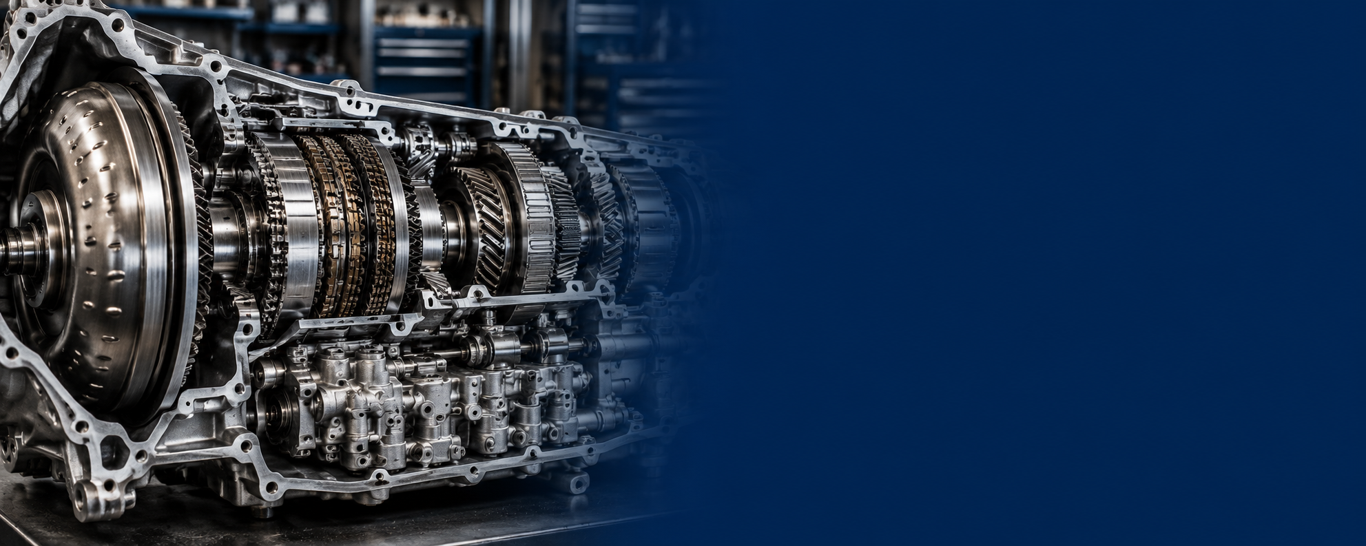 Cutaway automotive transmission showing gears, clutches, and internal components in a workshop