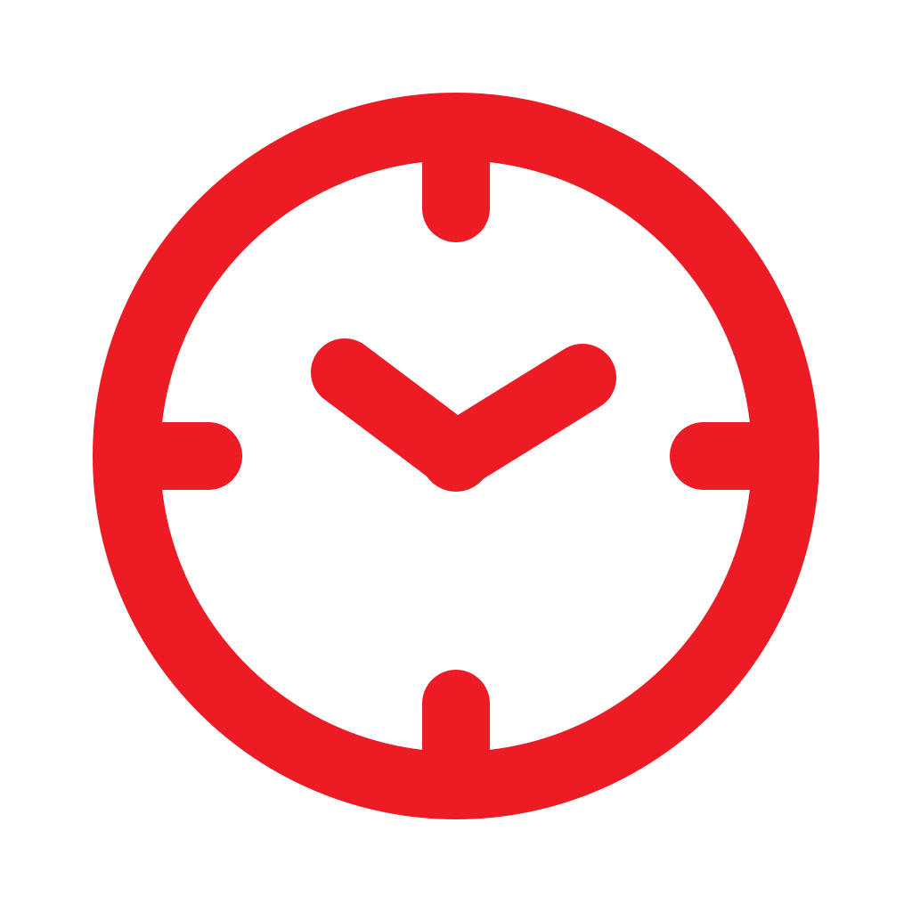 Red clock icon with black background, showing the time as 10:10.