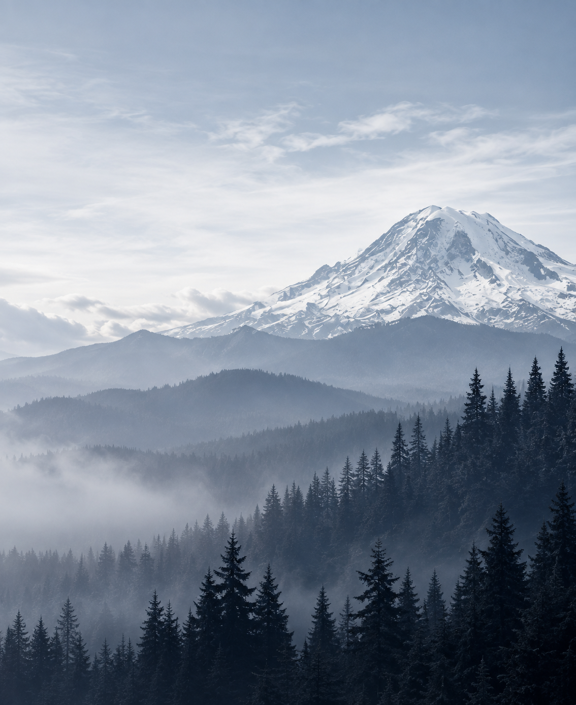 Snow-covered mountain rising above misty evergreen forests under a cloudy sky