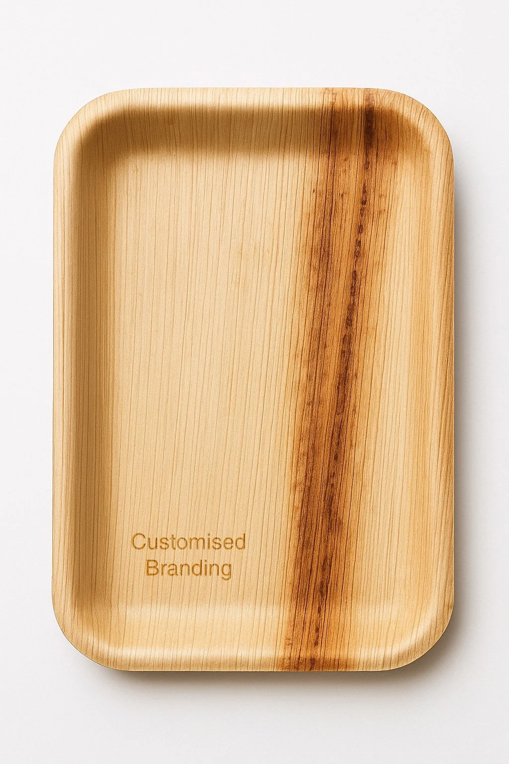A rectangular areca tray with rounded edges and the words 'Customised Branding' engraved in the bottom left corner.