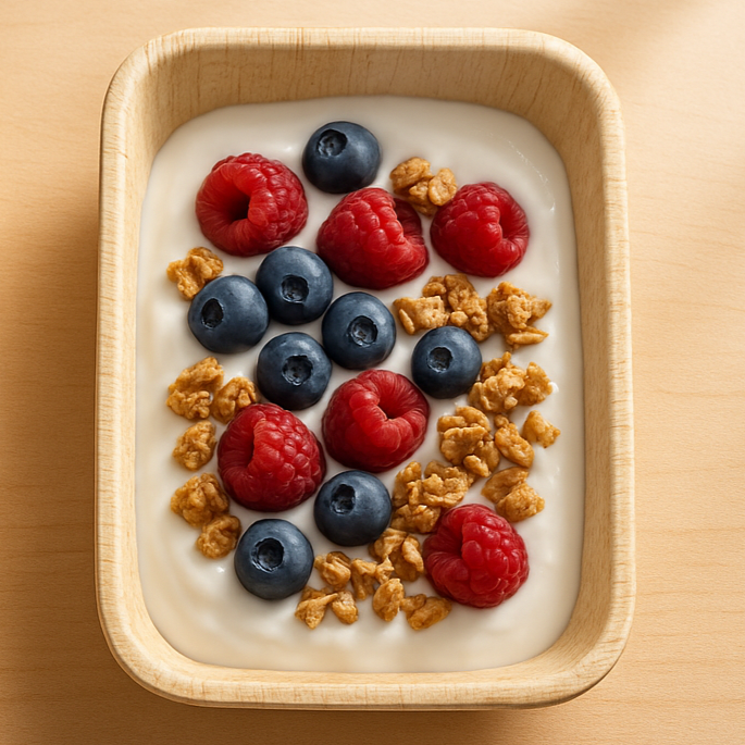 A areca bowl filled with creamy yogurt topped with blueberries, raspberries, granola, and slices of almonds.