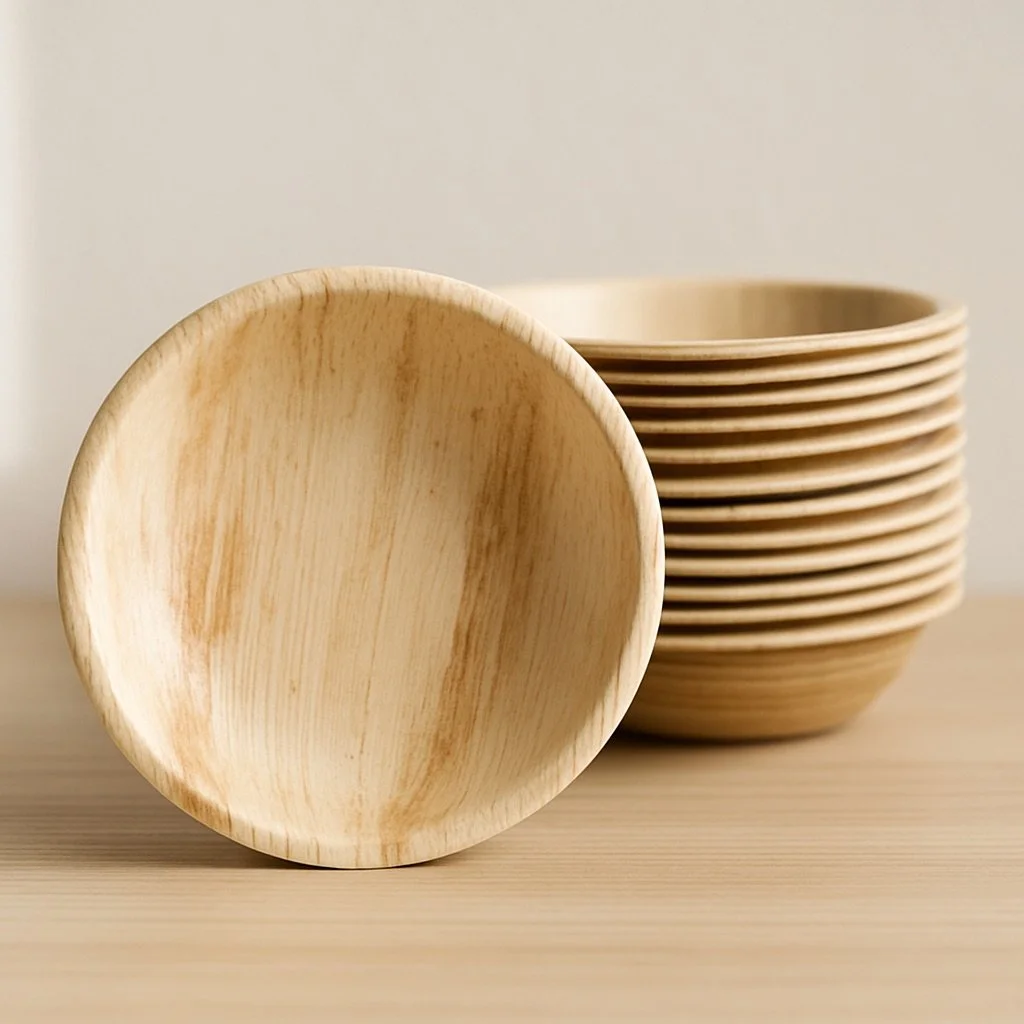 Stack of beige areca bowls on a light wooden surface.