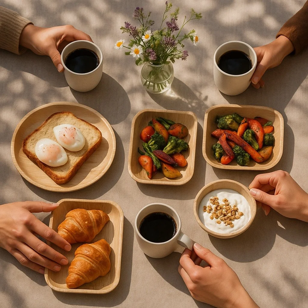Breakfast table with coffee, poached eggs on toast, roasted vegetables, yogurt with granola, croissants, and a small flower vase.