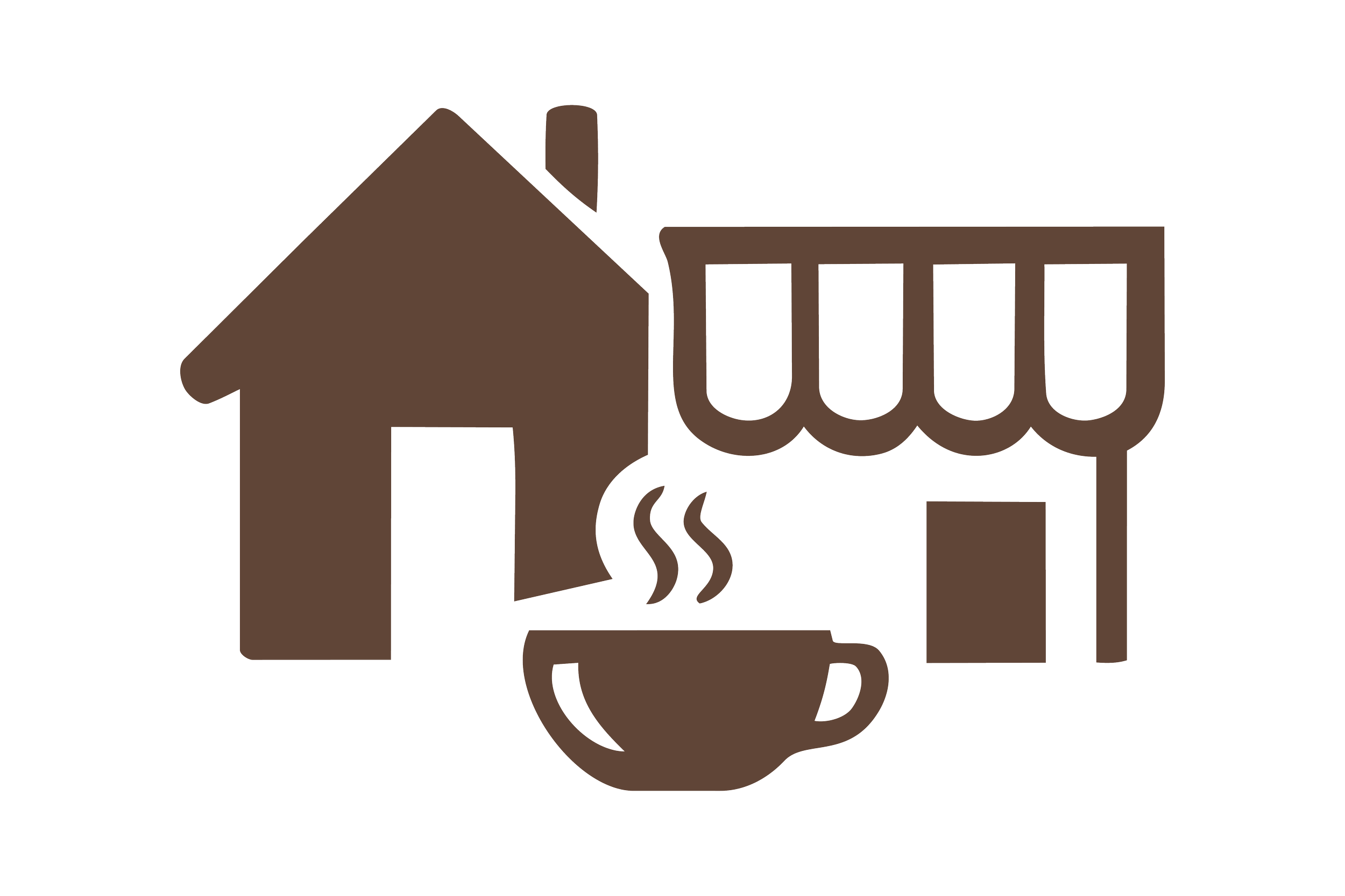 Icon of a house, steaming coffee cup, and store with an awning in a brown color.