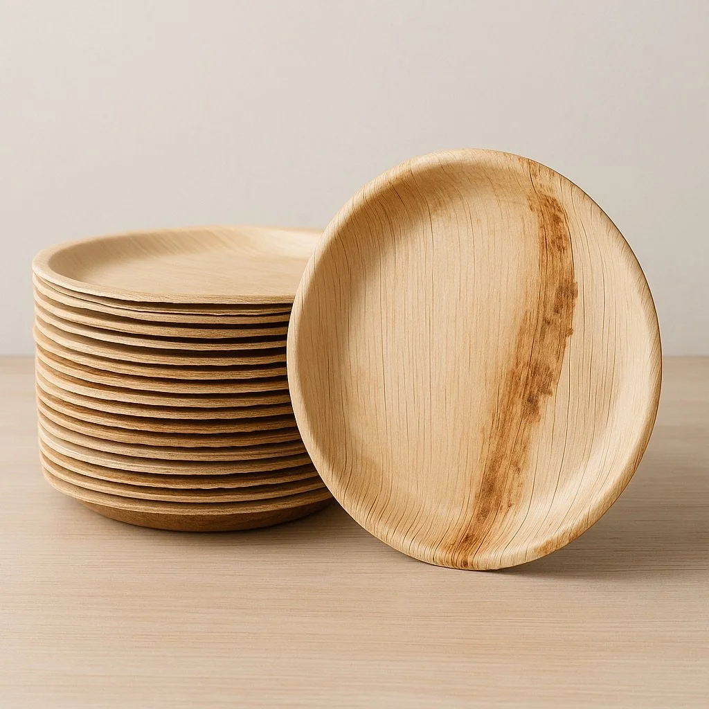 A stack of round, areca plates with a natural finish on a light wooden surface, with one plate placed in front showing its smooth interior.